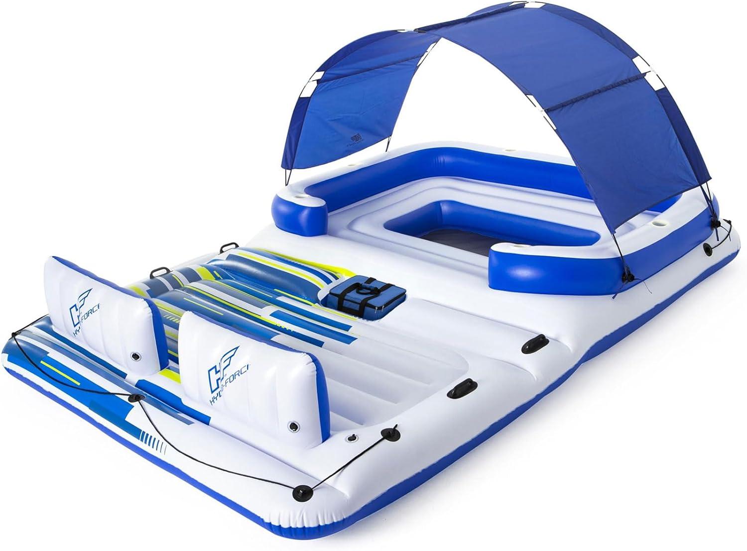 Bestway Hydro-Force Tropical Breeze 6 Person Inflatable Floating Party Island, Water Float Lounger with 6 Cup Holders, Backrests, and Sun Shade