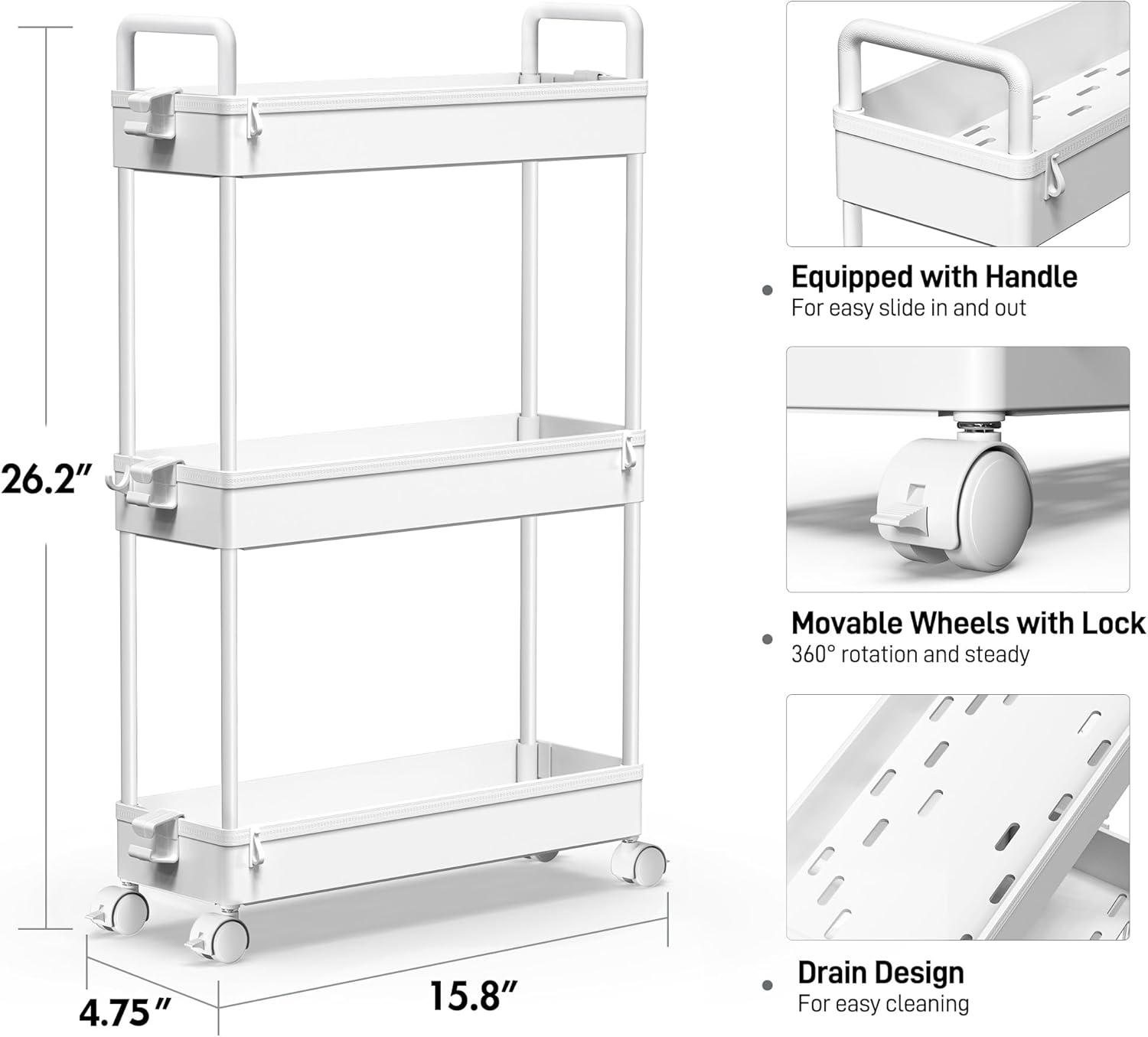 White 3-Tier Slim Storage Utility Cart with Locking Wheels