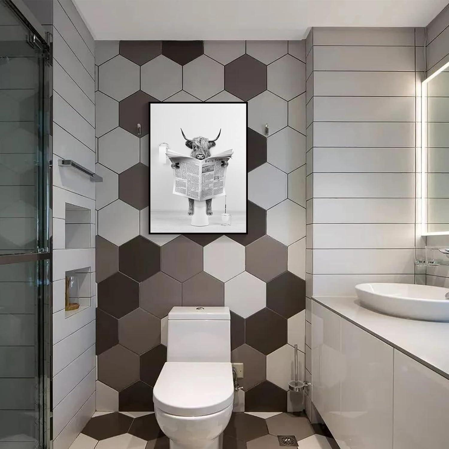 Modern Black Framed Highland Cow Wall Art Minimalist Bathroom Wall Decor Cute Funny Animals Artwork Canvas Prints Ready to Hang for Guest Bathroom, Hotel, Condo, Kids Bathroom, 12”x16”