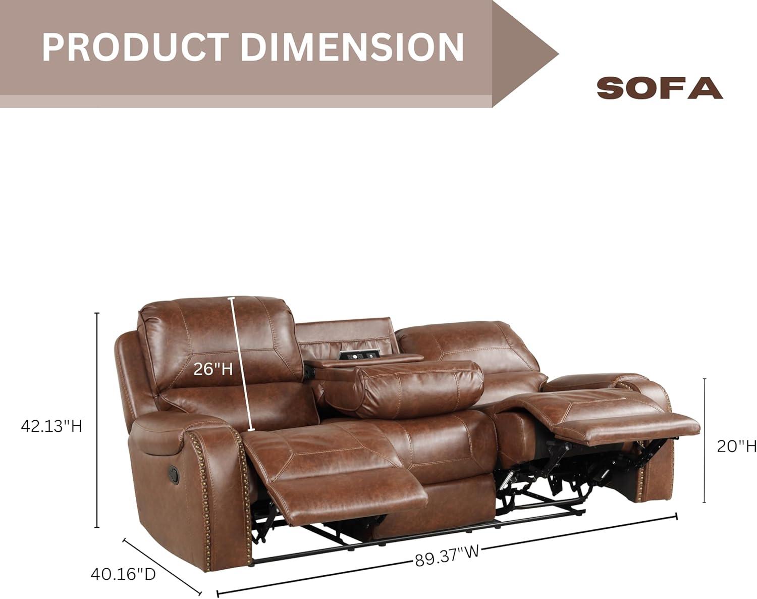 Roundhill Furniture Achern Brown Leather Nailhead Manual Reclining Sofa with Storage Console and USB Port