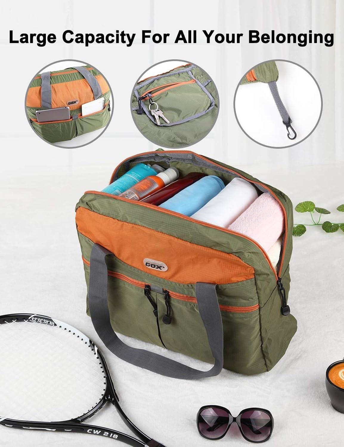 GOX Large Foldable Travel Duffel Bag Packable Tote Bag Carry on Luggage Weekender Overnight Bag Lightweight (Green&Orange)