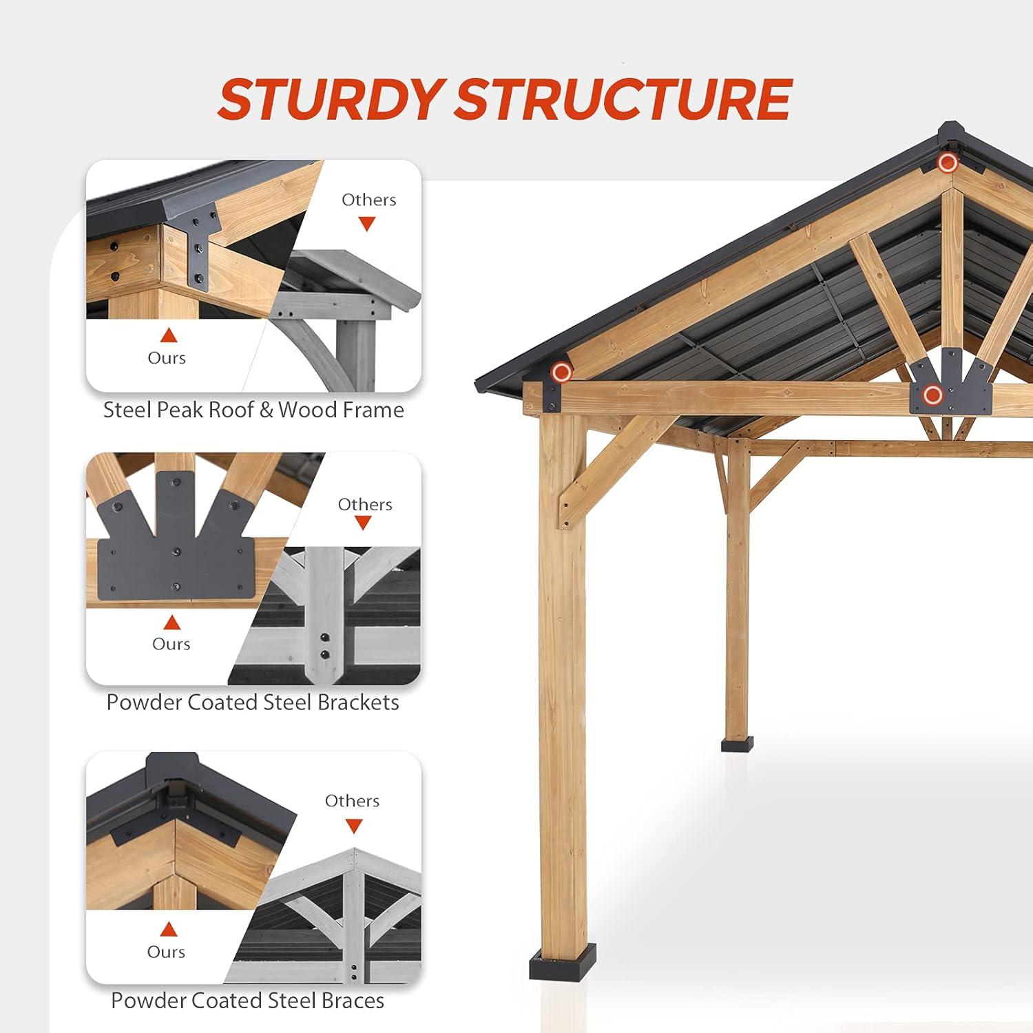 EAGLE PEAK 15 x 13 Solid Wood Patio Gazebo, Cedar Framed Outdoor Pavilion Cabana with Black Steel Gable Hardtop Roof, 14x12 Frame, Black