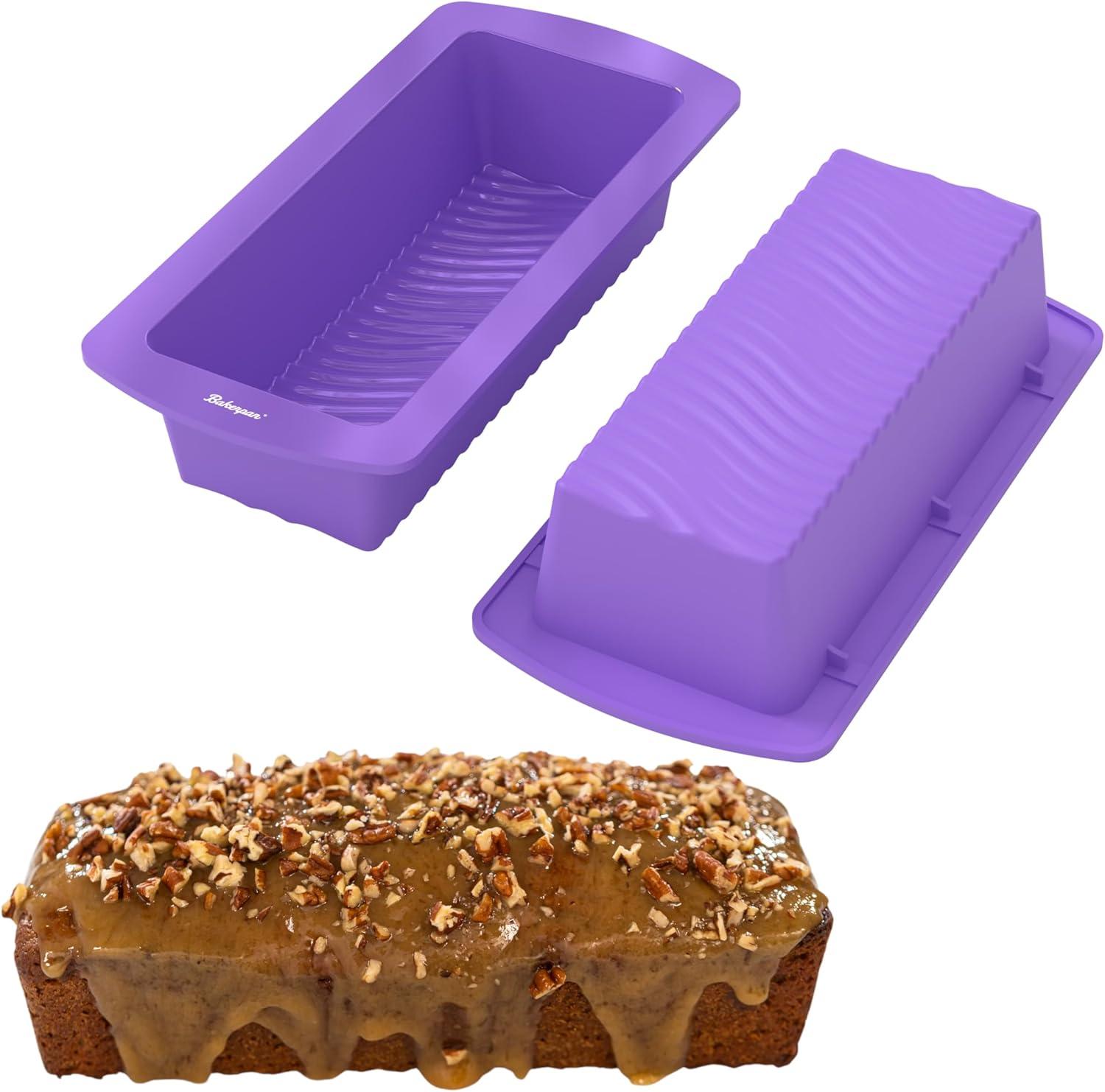 Bakerpan Silicone Loaf Pans for Baking Bread - Nonstick Rectangular Silicone Baking Pan for Meatloaf, Cake - LFGB-Standard 9" Bread Loaf Pan - Microwave, Oven, Freezer, Dishwasher-Safe - 2-Pack Purple