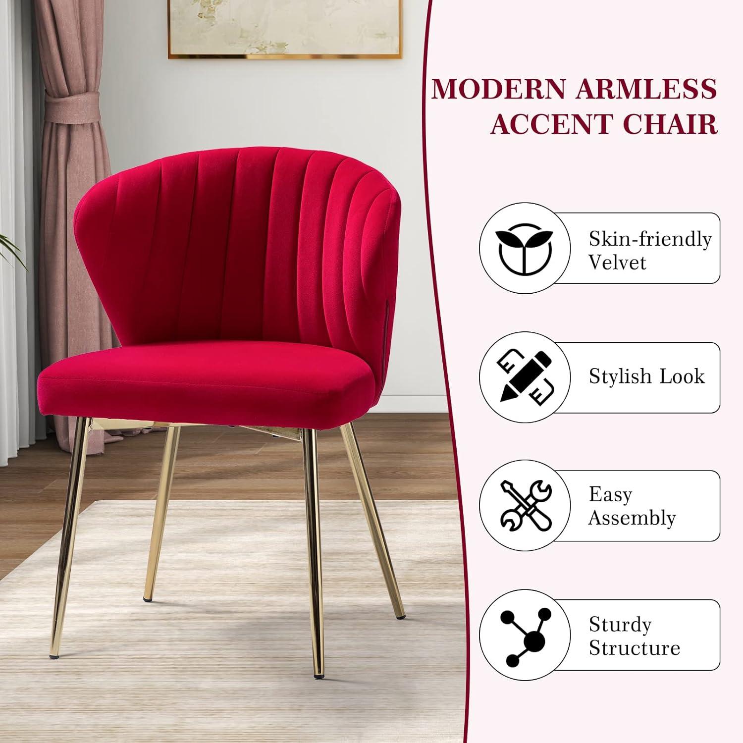 Velvet Upholstery Comfy Dining Chair Accent Channel Tufted Metal Legs Home Living Room Bedroom Kitchen Red