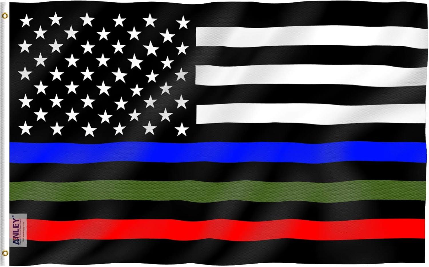 Anley Fly Breeze 3x5 Ft Thin Blue Red and Green Line USA Flag - Honoring Police Officers Firefighter and Border Patrol Agents Polyester Flags