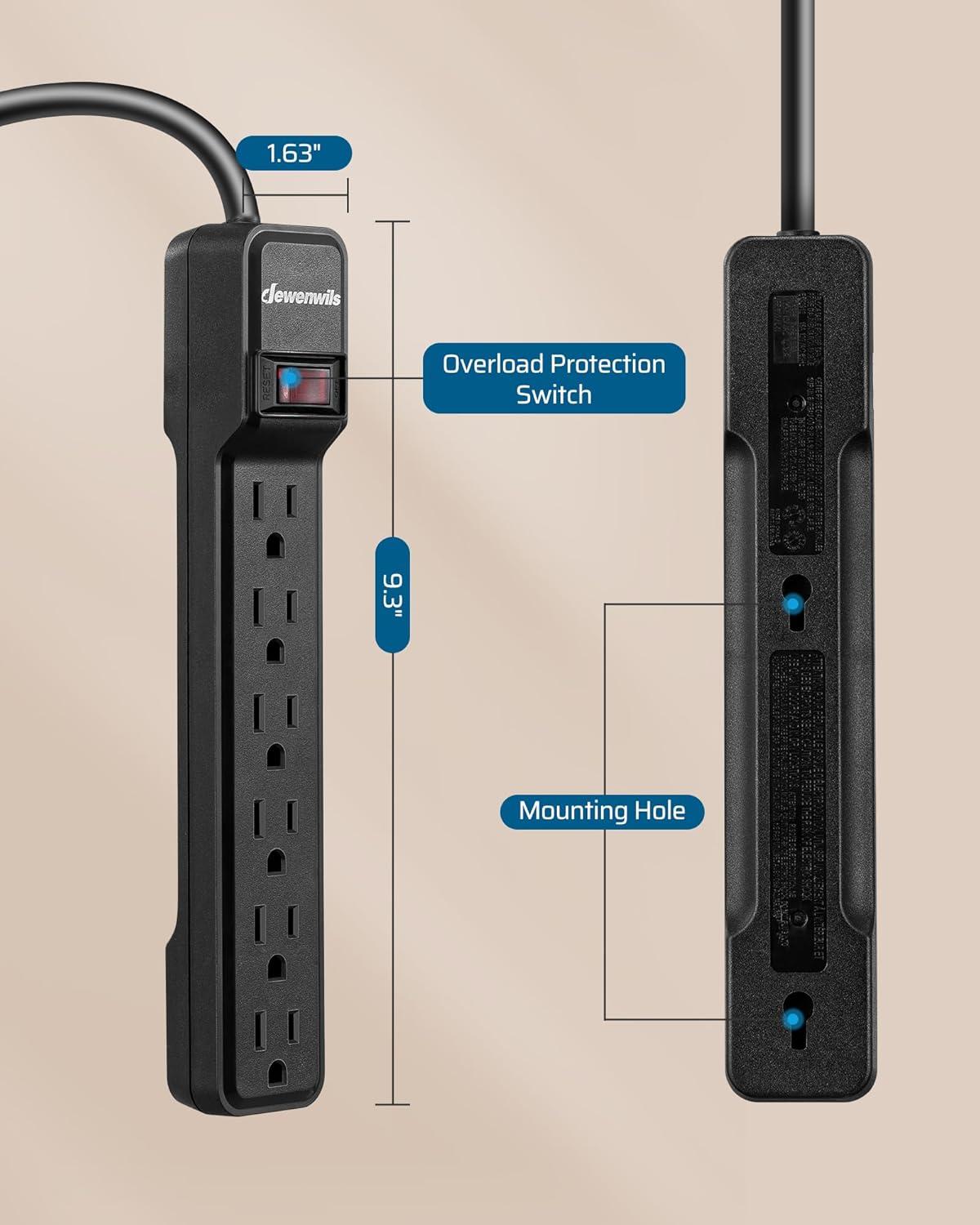 Black 6-Outlet Power Strip with 10ft Cord and Surge Protector