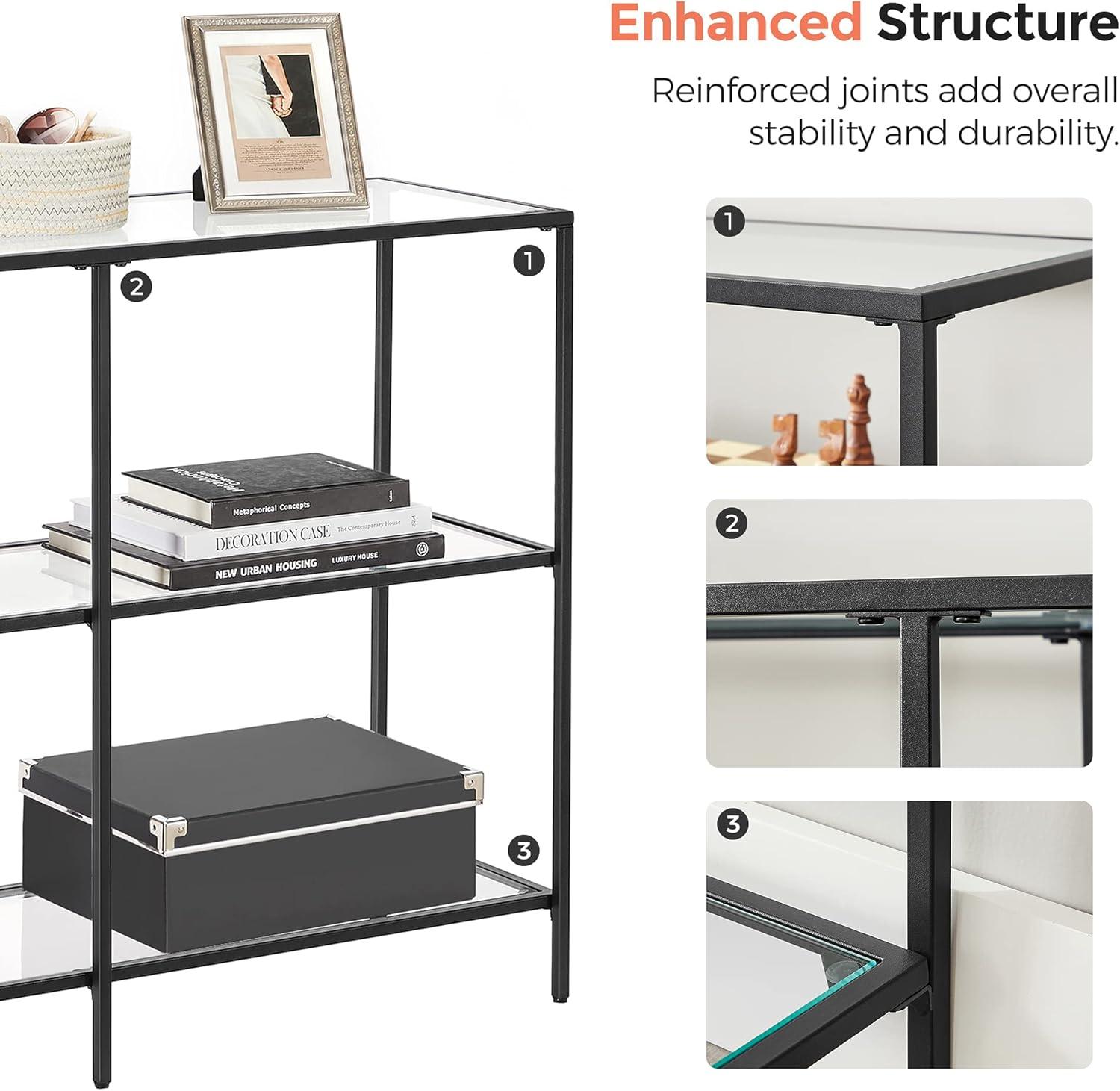 VASAGLE 39.4" Console Table with 3 Shelves Metal Frame Glass Shelf for Living Room Black Entryway Table