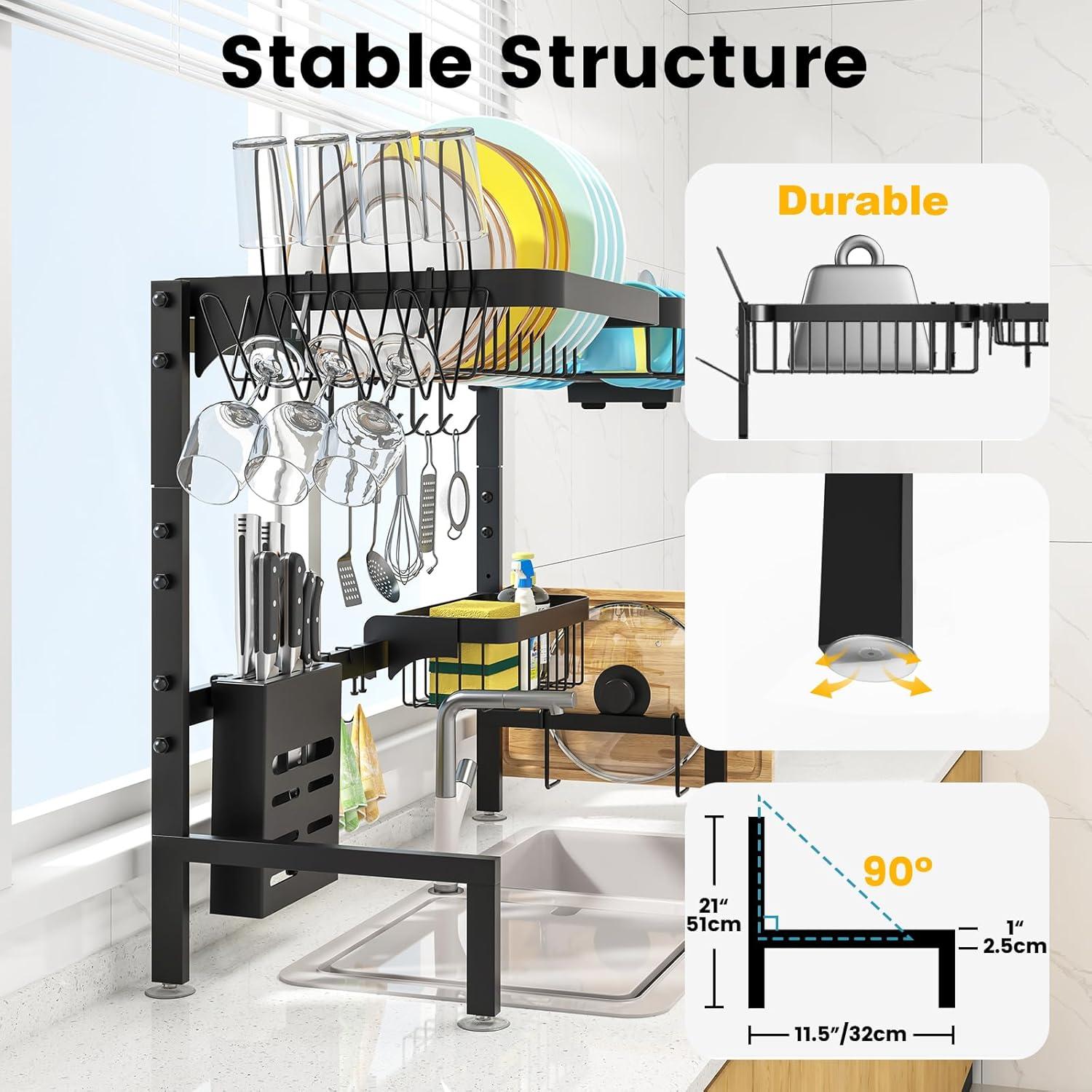 MERRYBOX Large Over The Sink Dish Drying Rack (33.4"-41.3") 2 Tier Length Adjustable Dish Drainer for Kitchen Sink Auto Drainage Space Saving Kitchen Organizer, Black