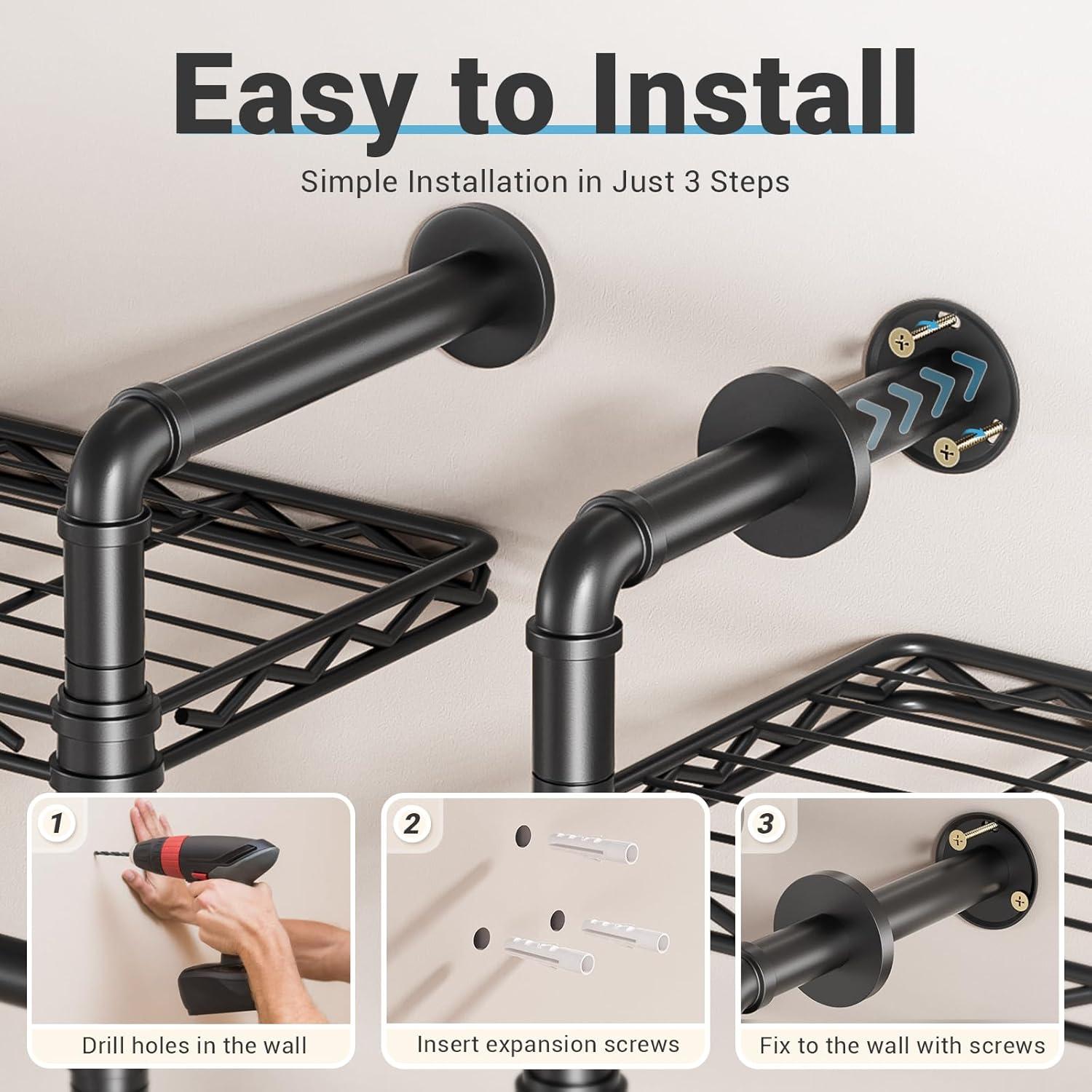 Timate F4 Wall Mounted Clothes Rack Industrial Pipe Clothing Rack , Expandable Garment Rack Heavy Duty Wardrobe Closet, Adjustable Closet, Black