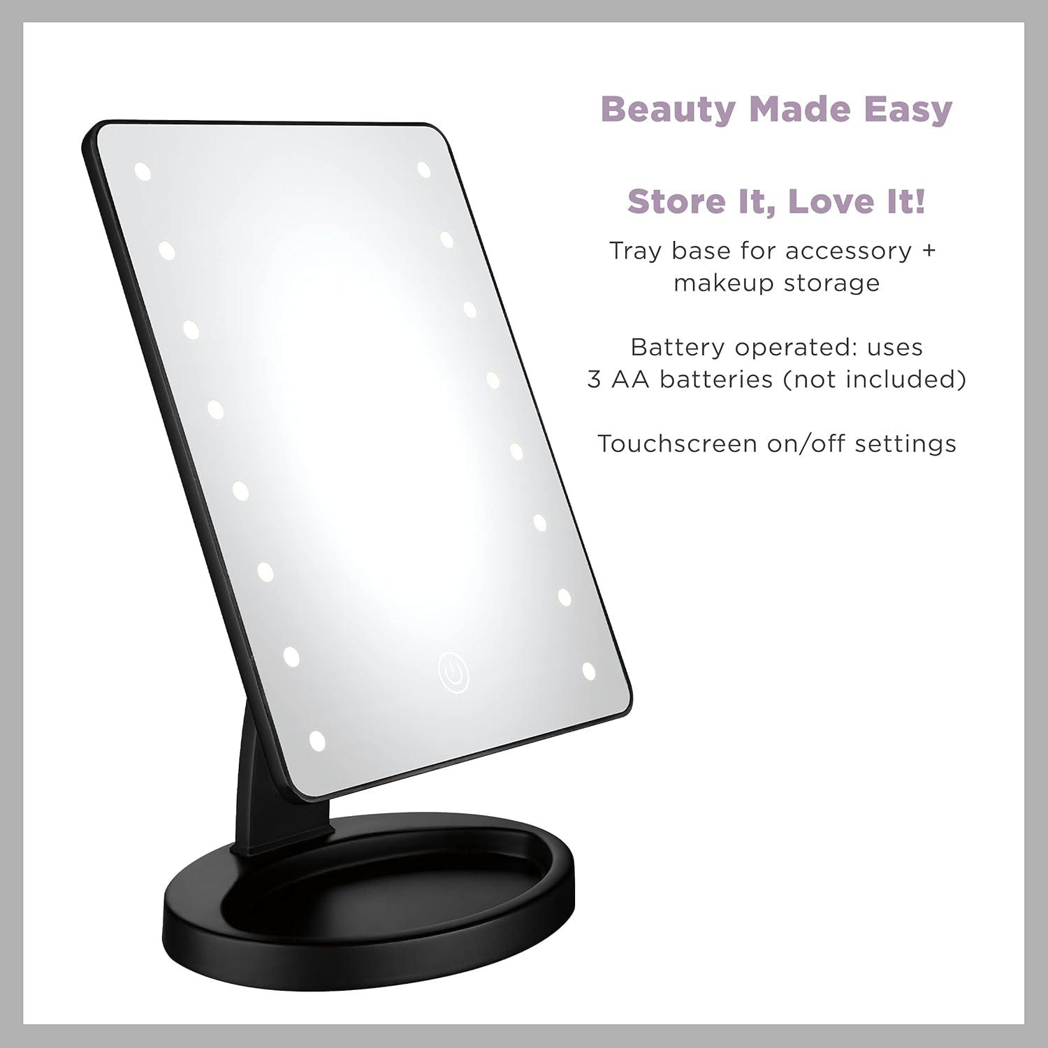 Conair Reflections Hollywood Tabletop Mount LED Lighted Vanity Makeup Mirror with Touch Screen, 1x magnification, Black finish BEP1W