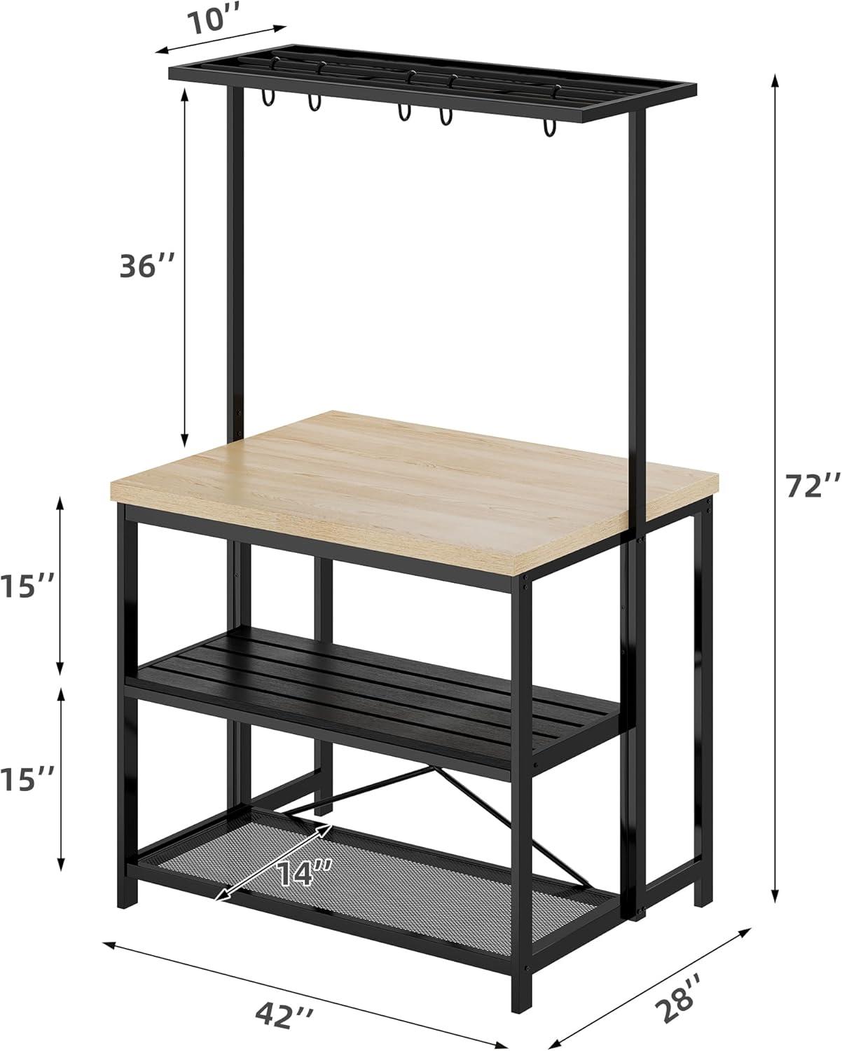 42" 3-Tier Large Kitchen Island Table Bakers Rack, with Power Outlet and Storage-Microwave Stand Oven Shelf, Metal Coffee Bar Table ,Kitchen Storage Shelf for Dining Living Room, 5 Hooks