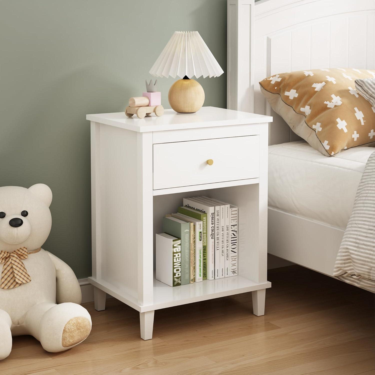 Wooden Nightstand with One Drawer One Shelf,Modern Bedside Tables for Kids,Adults,White