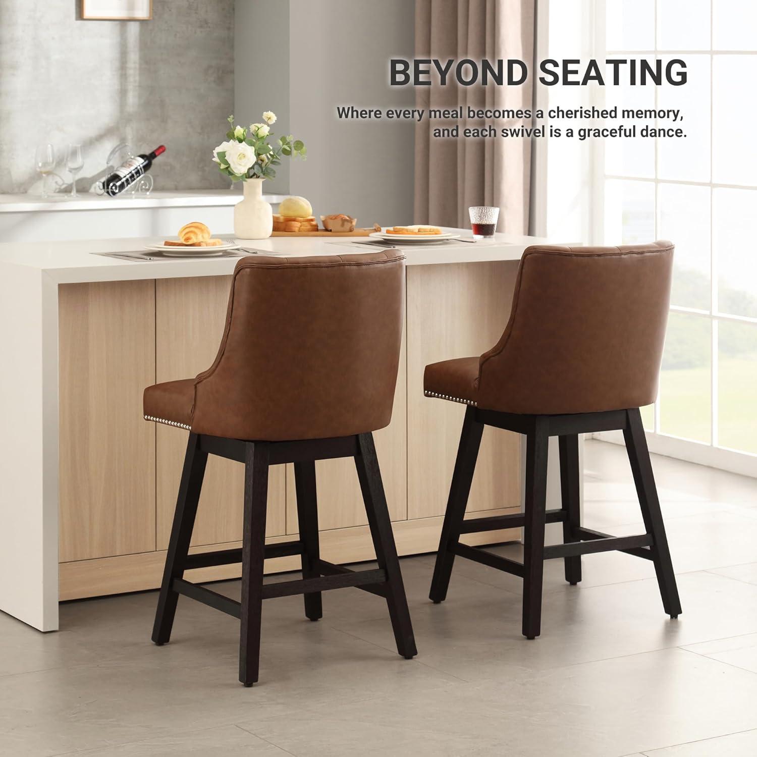 Counter Bar Stools Set of 2, Modern Swivel Bar Stools with Back and Wood Legs, 26" H Upholstered Bar Chair for Kitchen Island Home Bar, Leather Brown