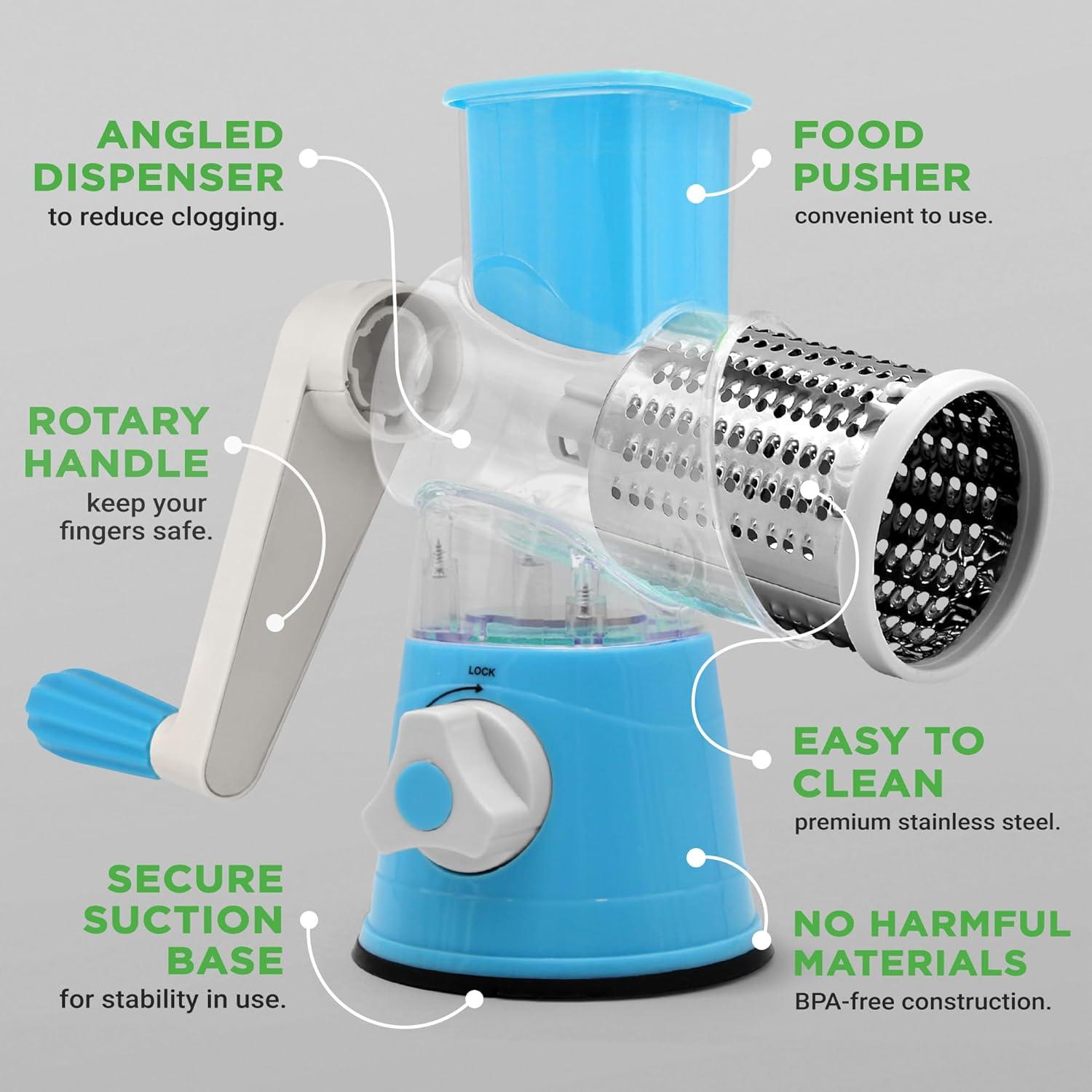 Nutrichef Rotary Cheese Grater with Handle and 3 Replaceable Drum Blades