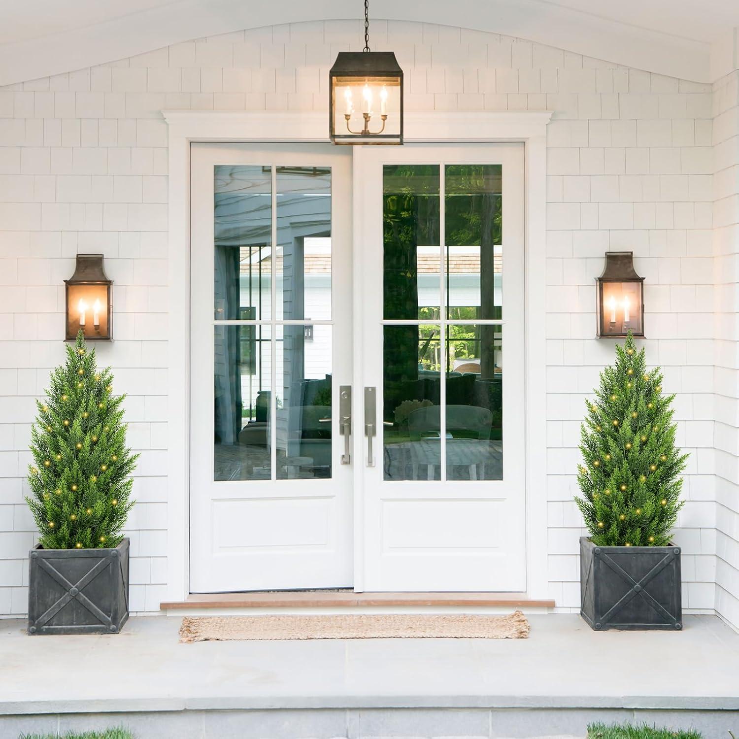 2 Pack 3ft Artificial Cedar Topiary Trees for Outdoors, Fake Cypress Plants with Solar Light String, Faux uv resistant Plants for Home Front Porch Decor, Housewarming Gift