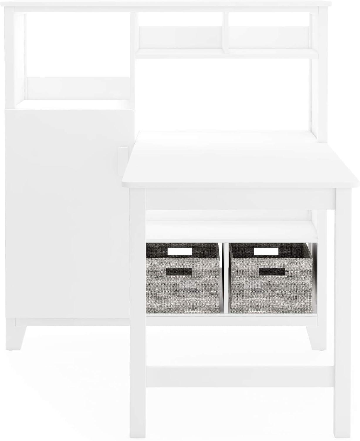 Creamy White Wooden Kids' Desk and Chair Set with Storage