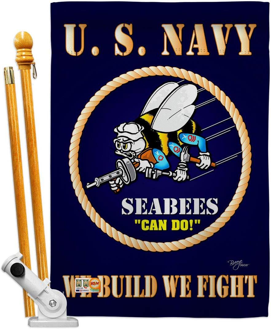 Breeze Decor Sea Bees House Flag - Armed Forces Navy USN Seabee United State American Military Veteran Retire Official - Decoration Banner Small Garden Yard Gift Double-Sided Made in USA 28 X 40