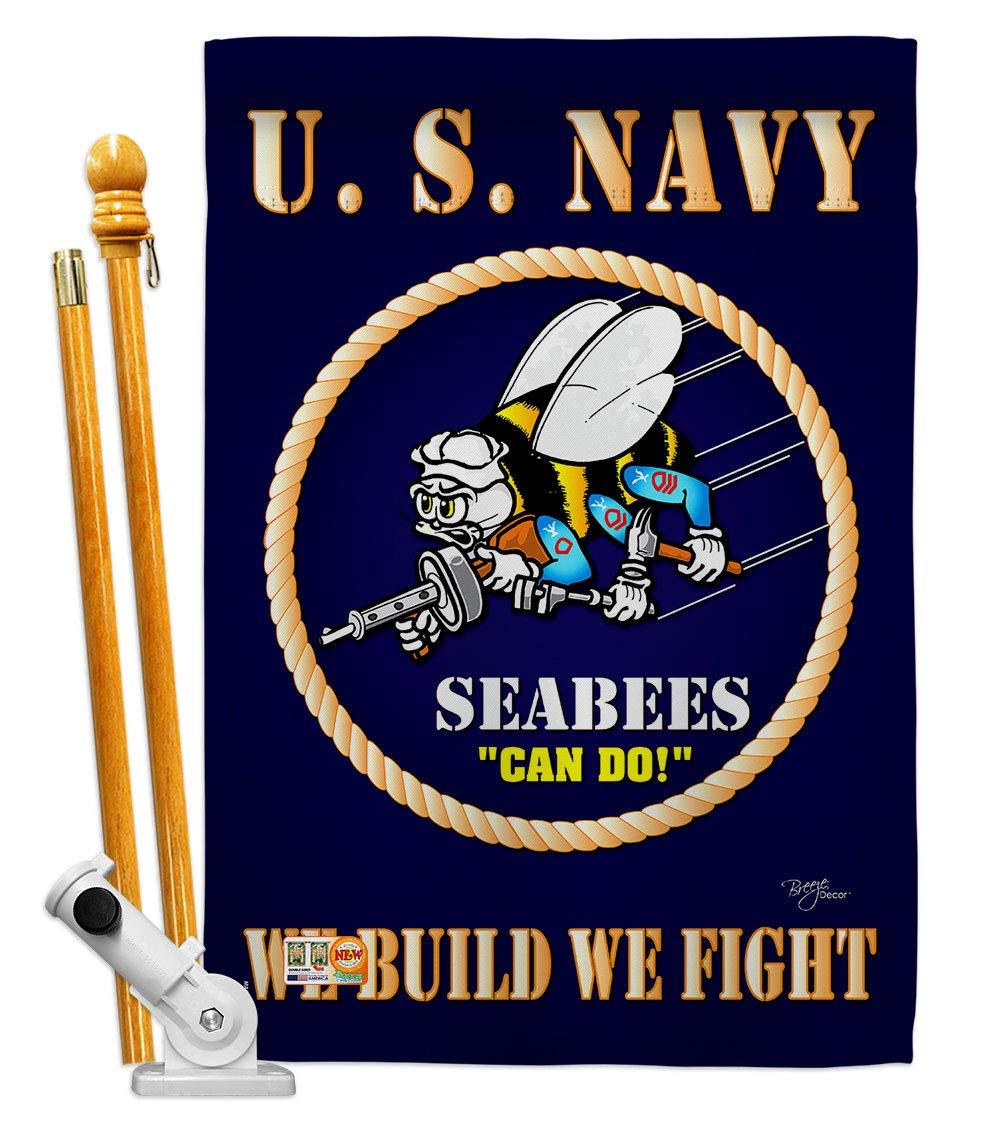 Breeze Decor Sea Bees House Flag - Armed Forces Navy USN Seabee United State American Military Veteran Retire Official - Decoration Banner Small Garden Yard Gift Double-Sided Made in USA 28 X 40