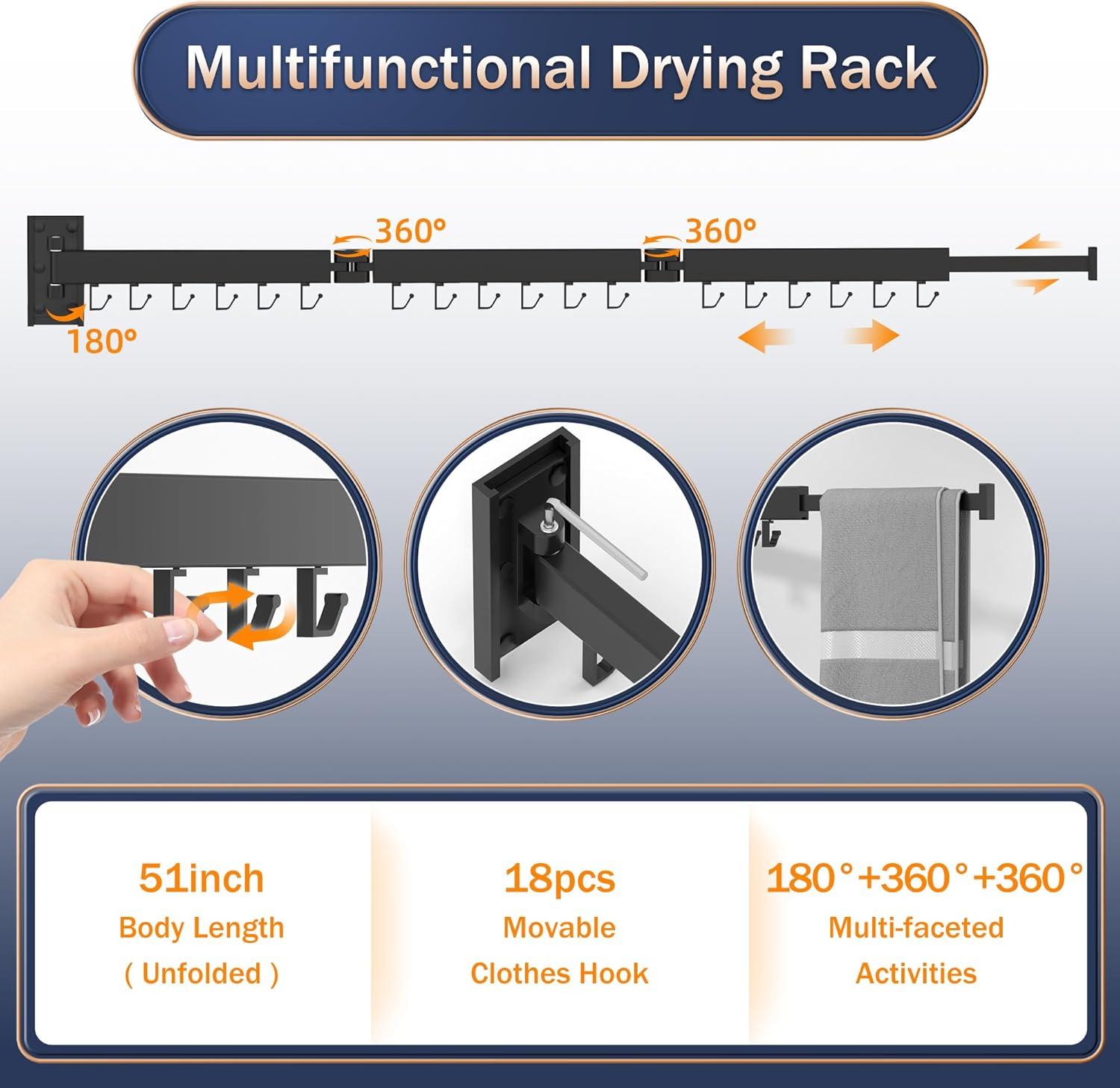 Wall Mounted Laundry Rack, Space Saver,Retractable,Collapsible(Tri-Fold), for Bathroom, Ring Type Hooks,Black Color