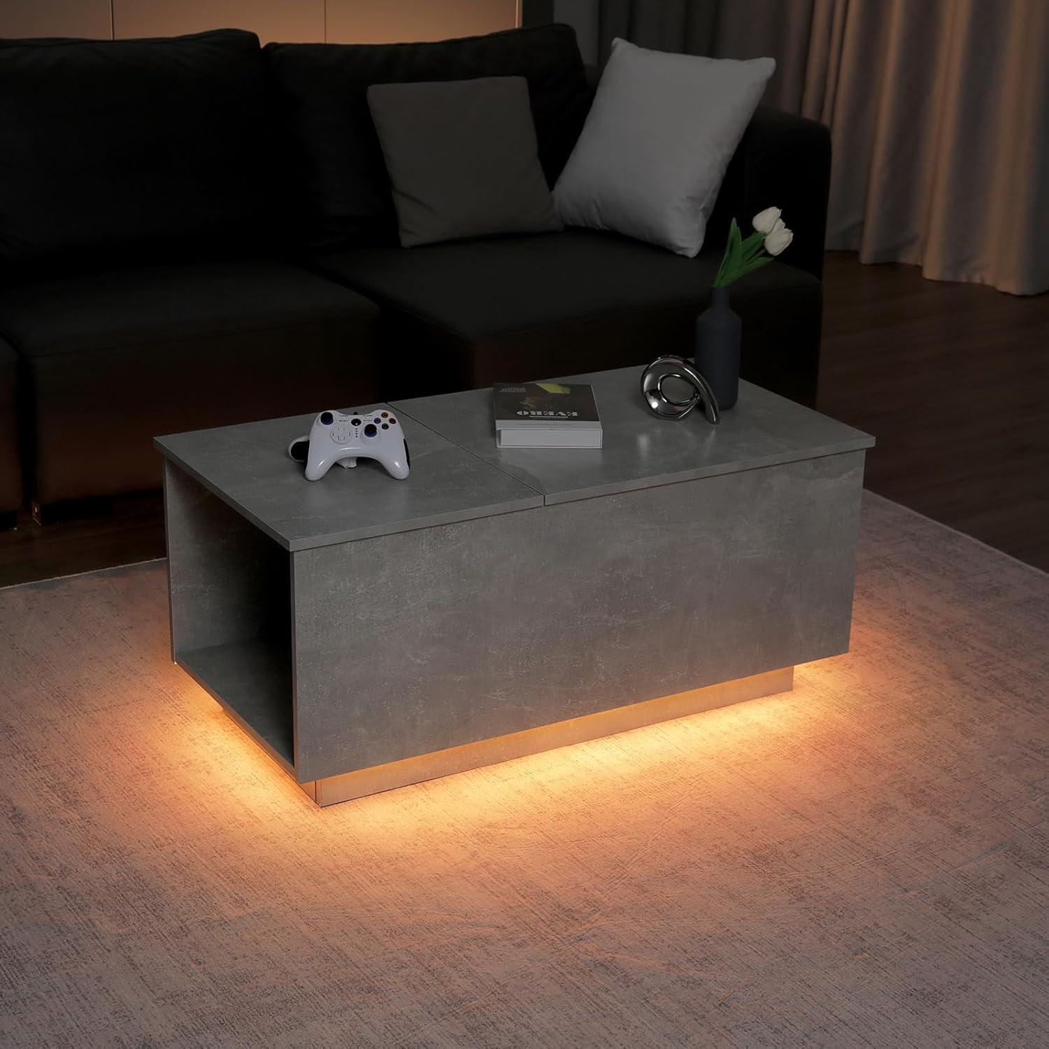 Grey Lift-Top Coffee Table with LED Lights and Storage