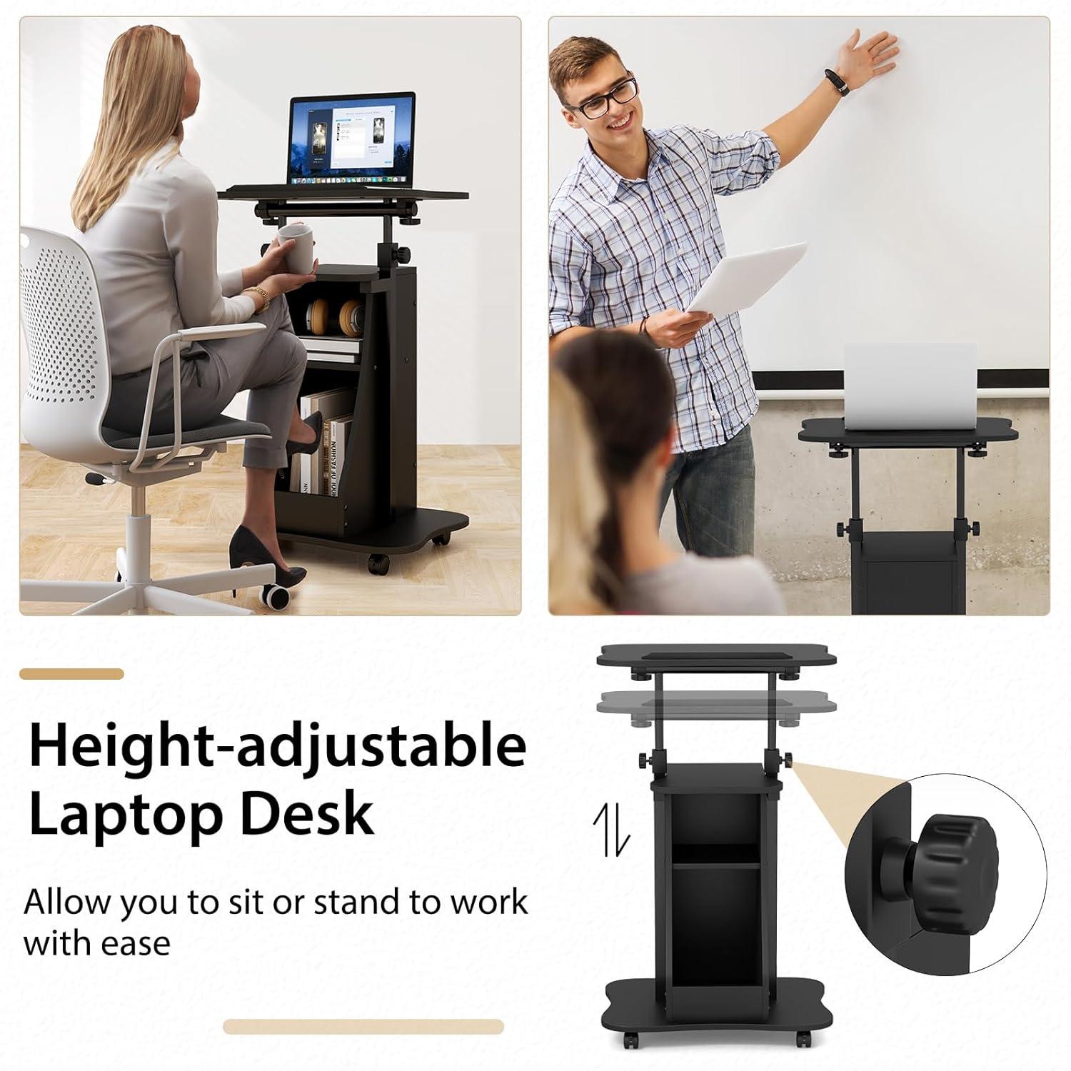 Costway Mobile Podium Stand Height Adjustable Laptop Cart with Storage Compartments Rolling Lectern with Lockable Casters for Classroom Office White