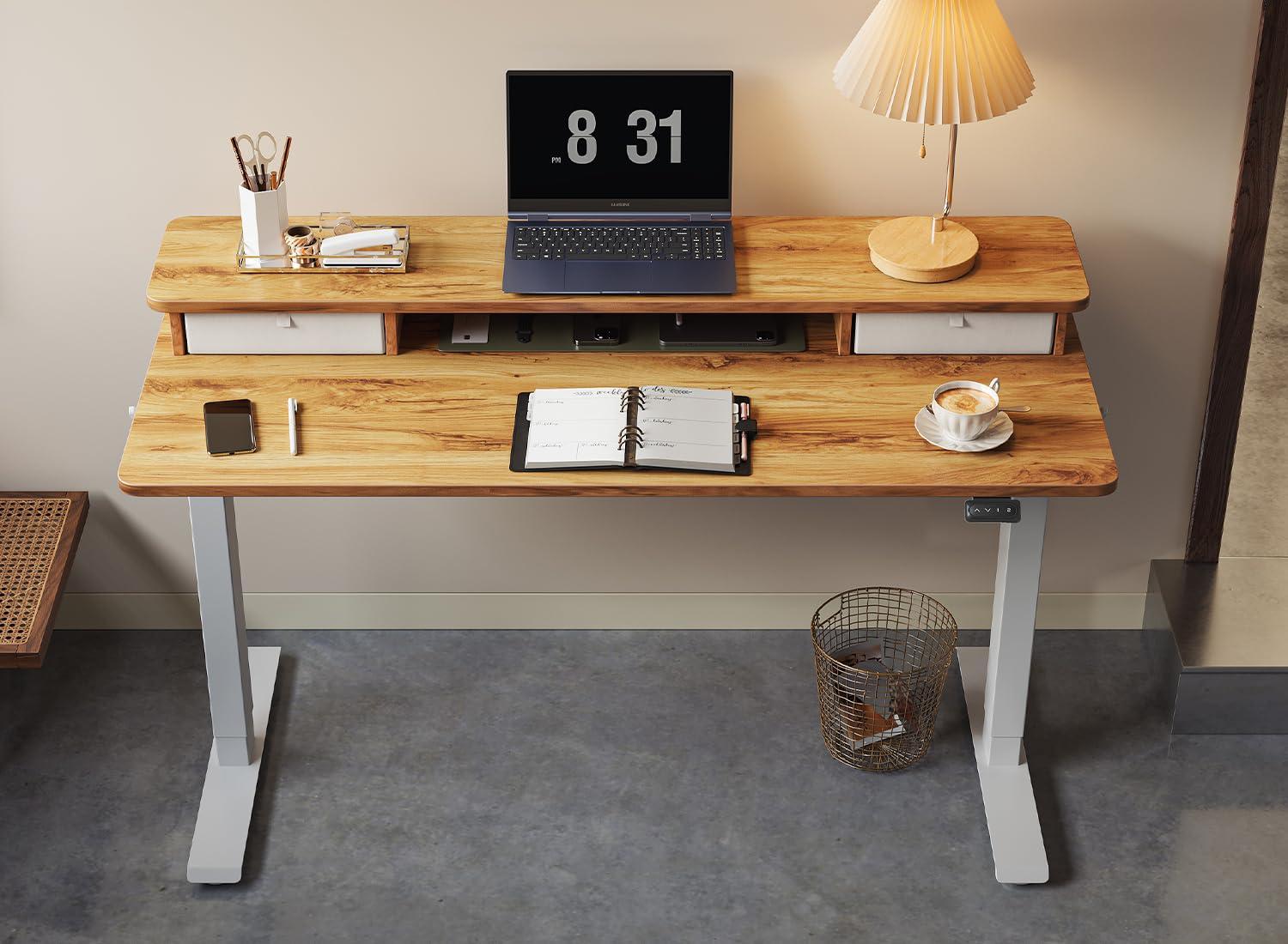 Agilestic Adjustable Height Electric Standing Desk with Storage Wooden Drawer, 55 x 24 Inches Stand Up Home Office Computer Gaming Table for Work Office Home, Rustic Brown