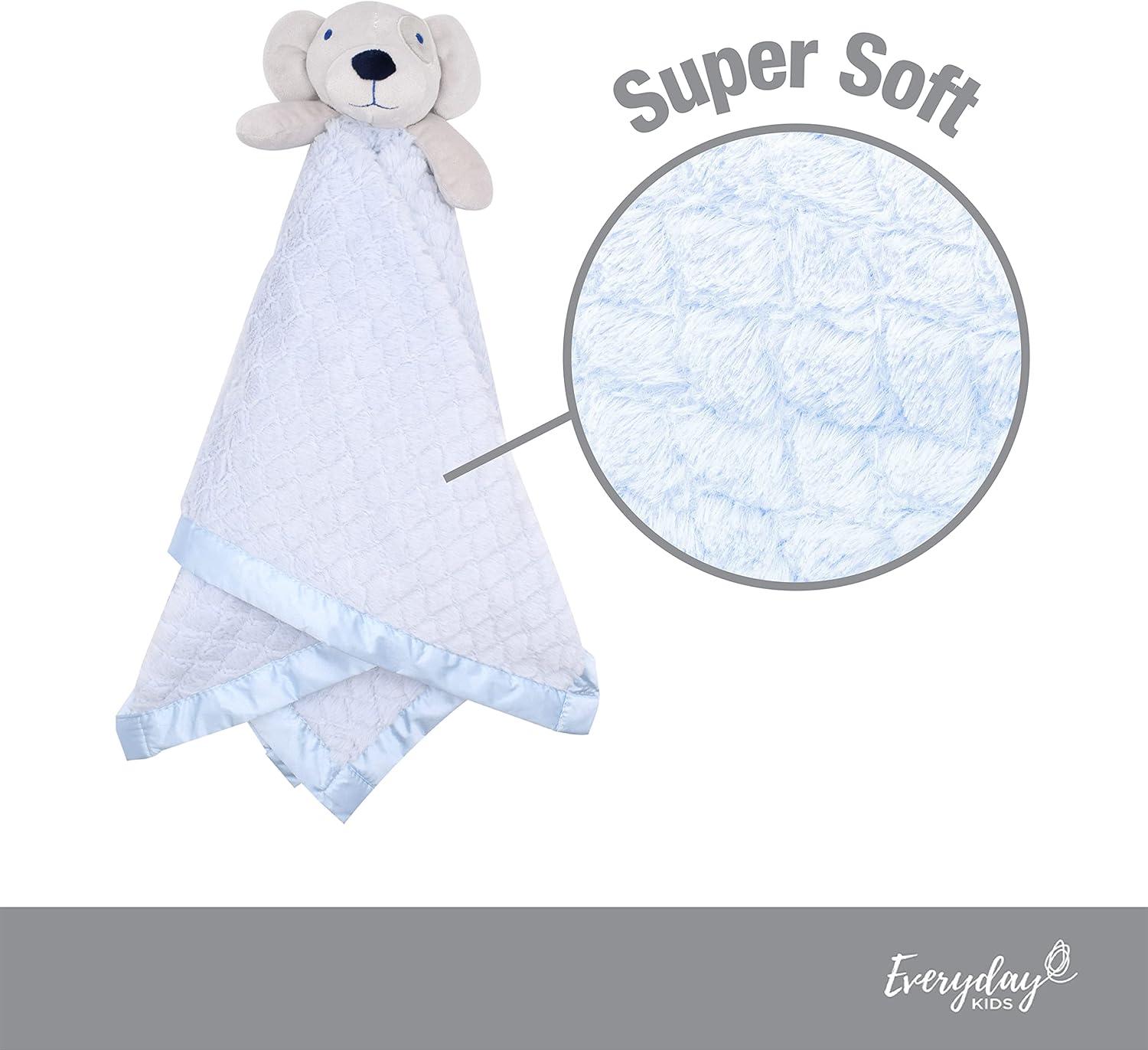 EVERYDAY KIDS Large Lovey Baby Security Blanket Sweet Dog Stuffed Animal on 30” Blue Snuggle Baby Blanket; Fluffy Fleece with Attached Plush Toy
