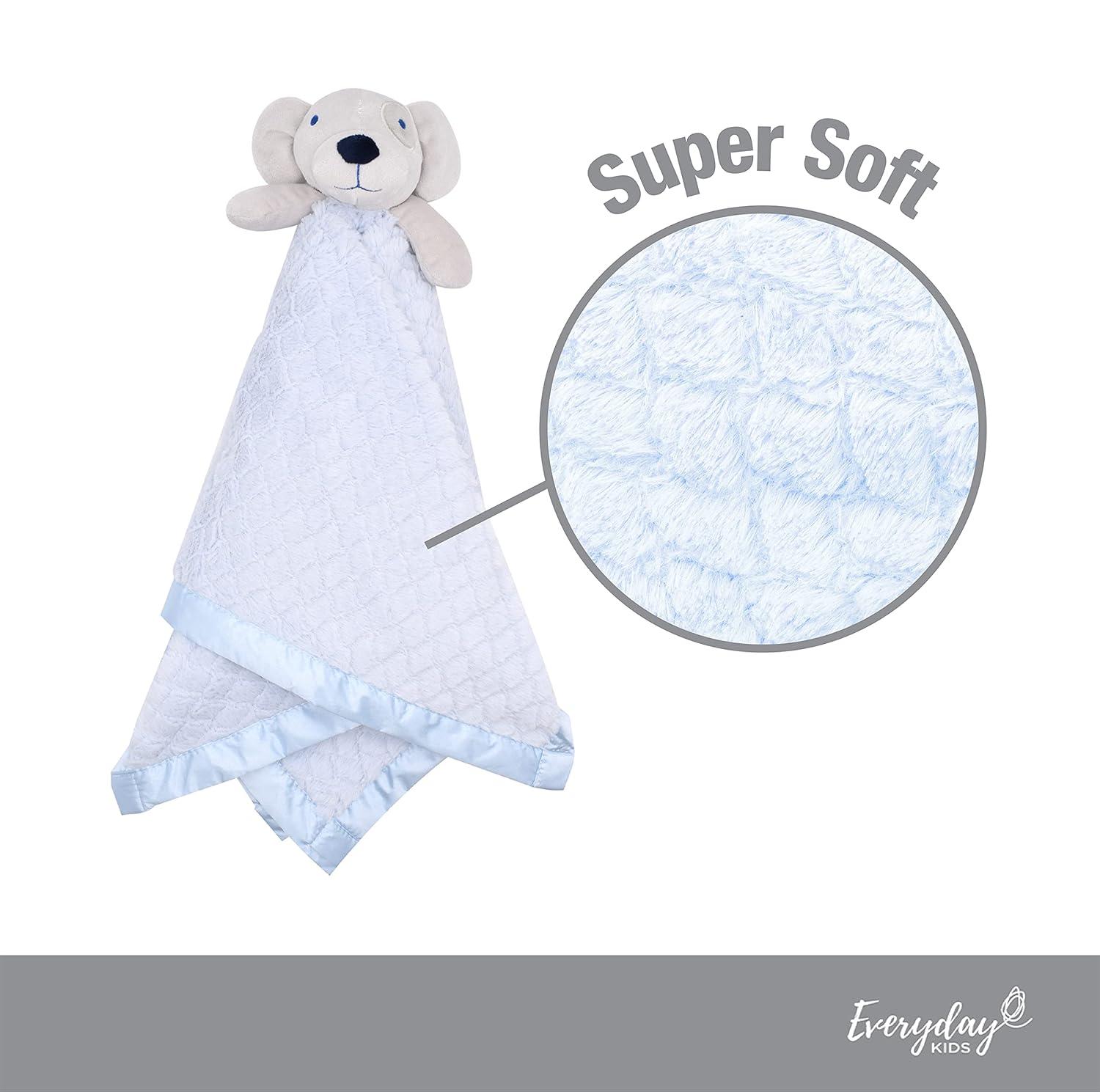 EVERYDAY KIDS Large Lovey Baby Security Blanket Sweet Dog Stuffed Animal on 30” Blue Snuggle Baby Blanket; Fluffy Fleece with Attached Plush Toy