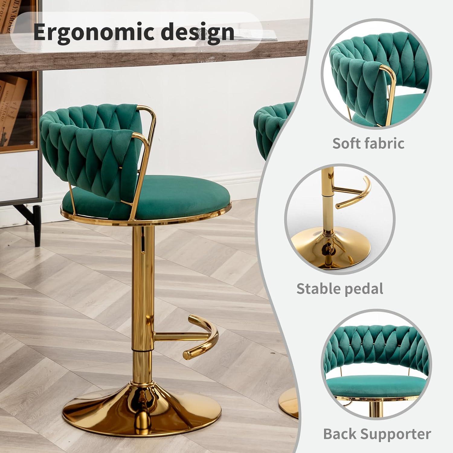 Emerald Green Velvet Adjustable Swivel Bar Stools with Gold Base, Set of 2