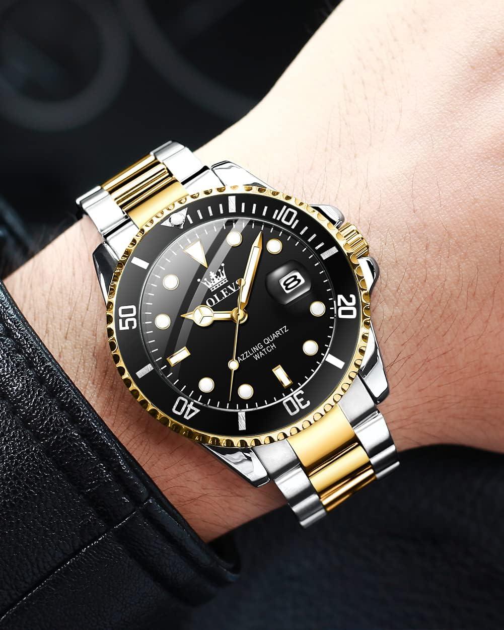 OLEVS Men Watch,Big Dial Watches for Men Stainless Steel Watch with Day Waterproof Analog Quartz Watches for Man Classic Business Wristwatch Luxury Luminous Round for Men Rotatable Bezel Watch