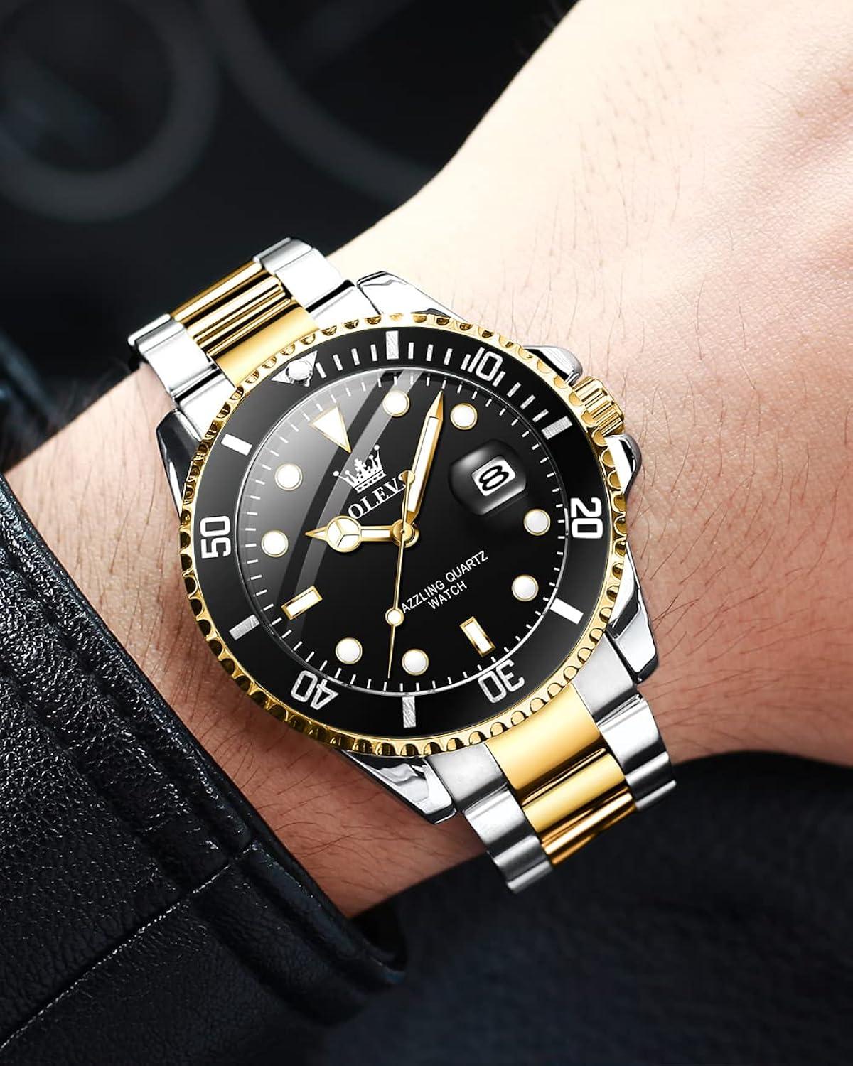 OLEVS Men Watch,Big Dial Watches for Men Stainless Steel Watch with Day Waterproof Analog Quartz Watches for Man Classic Business Wristwatch Luxury Luminous Round for Men Rotatable Bezel Watch