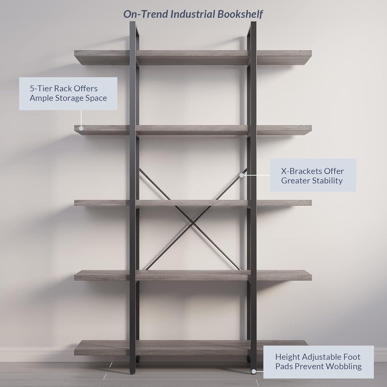 Rustic Oak 5-Tier Industrial Bookshelf with Metal Frame