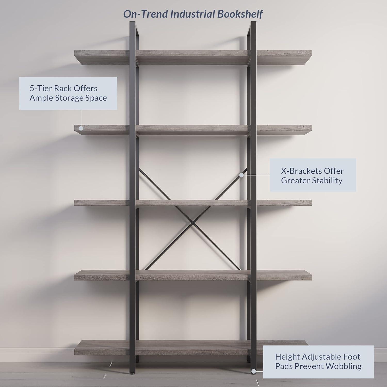 BELLEZE 5 Tier Modern Rustic Industrial Bookshelf - Hazel (Rustic Oak)
