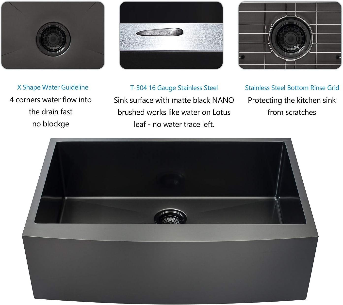 30" L x 21" W Farmhouse Kitchen Sink Gunmetal Black Stainless Steel Sink Single Bowl Kitchen Sink