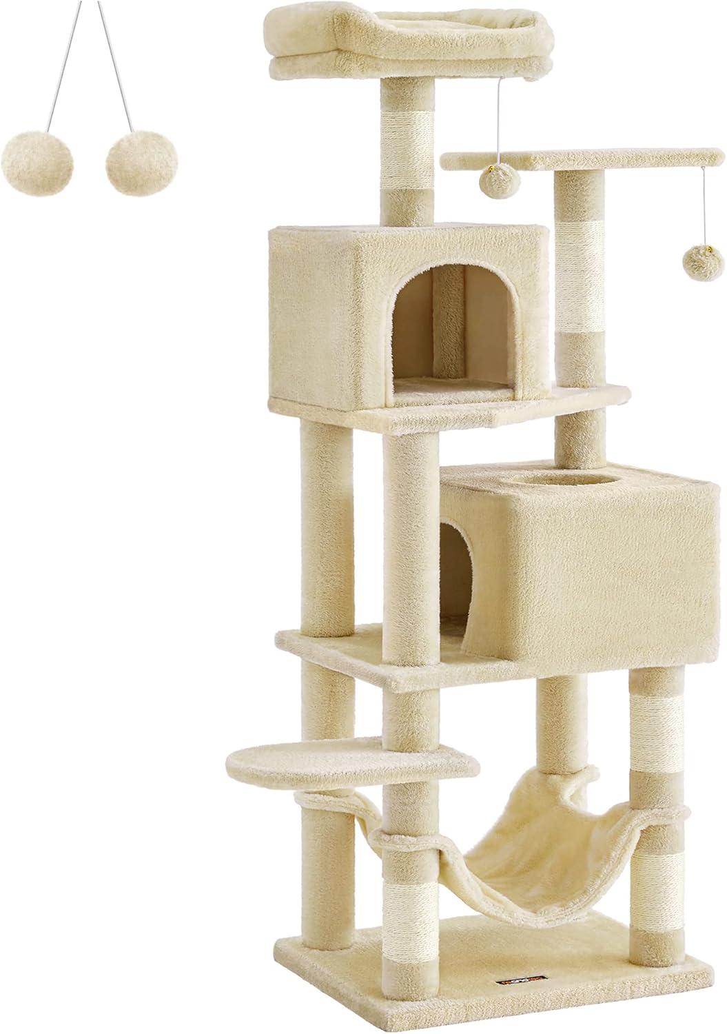 Beige 61-Inch Multi-Level Plush Cat Tree with Sisal Posts