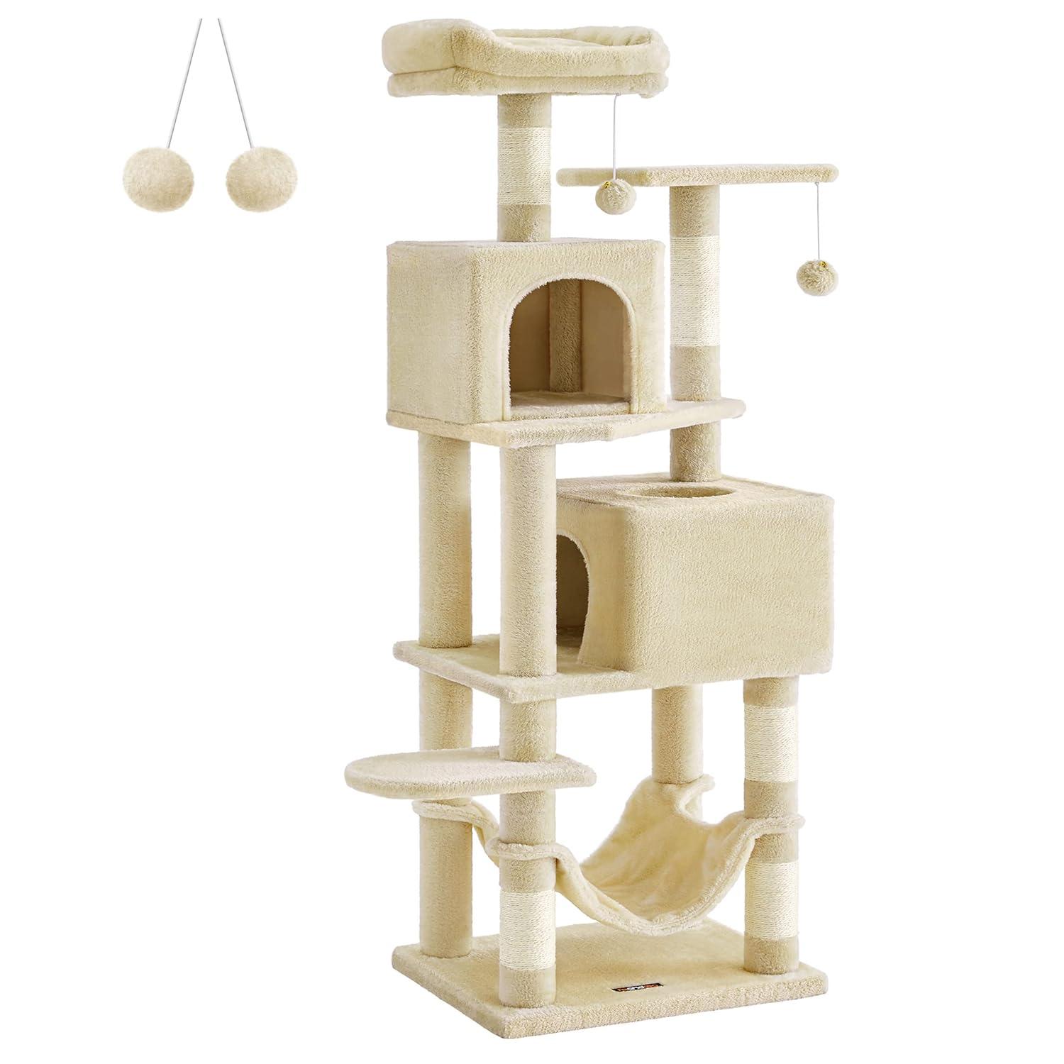 Feandrea Cat Tree, 61-Inch Cat Tower for Indoor Cats, Plush Multi-Level Cat Condo with 5 Scratching Posts, 2 Perches, 2 Caves, Hammock, 2 Pompoms, Jelly Pink UPCT192P01