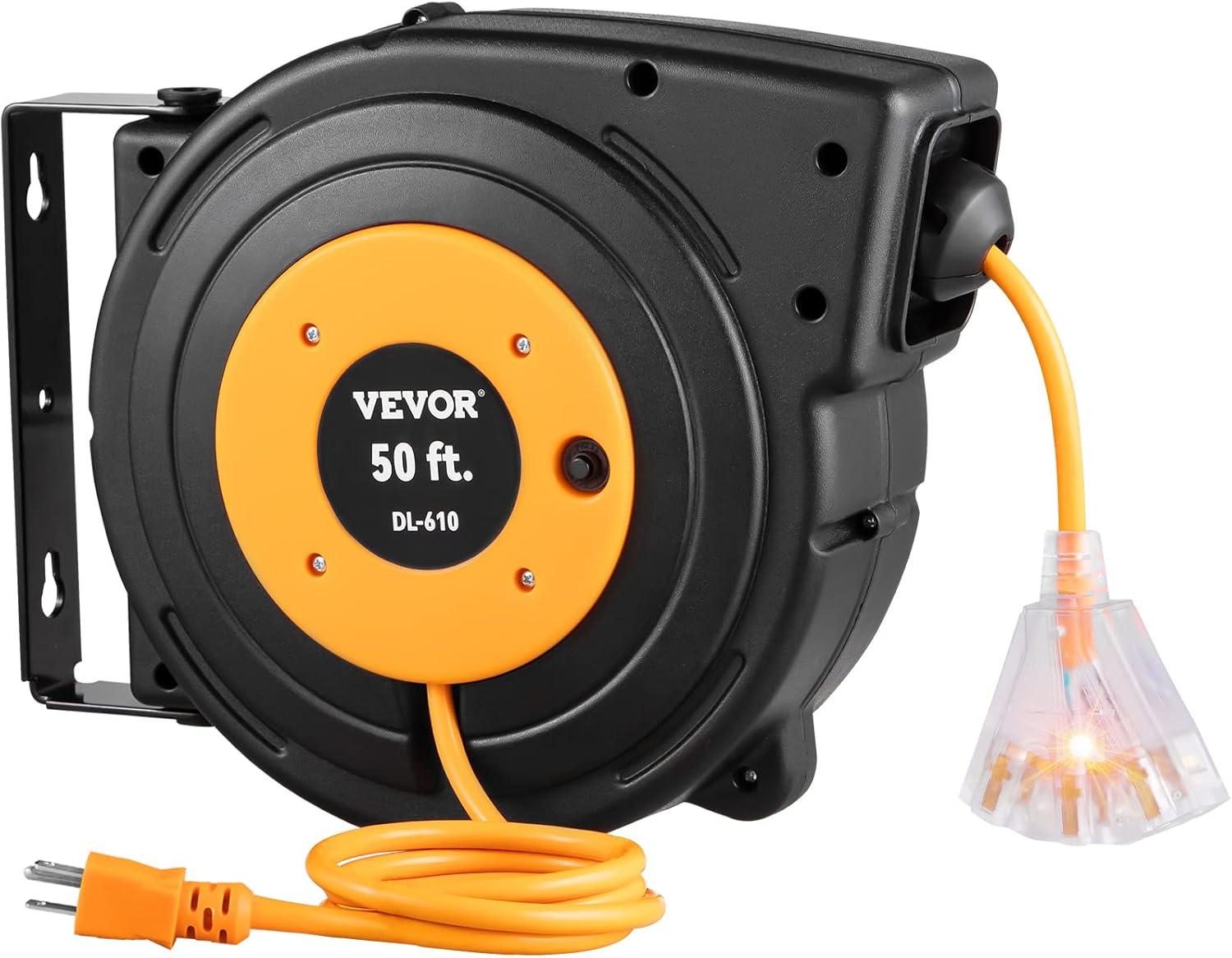 50 FT Heavy Duty Retractable Extension Cord Reel with Triple Tap