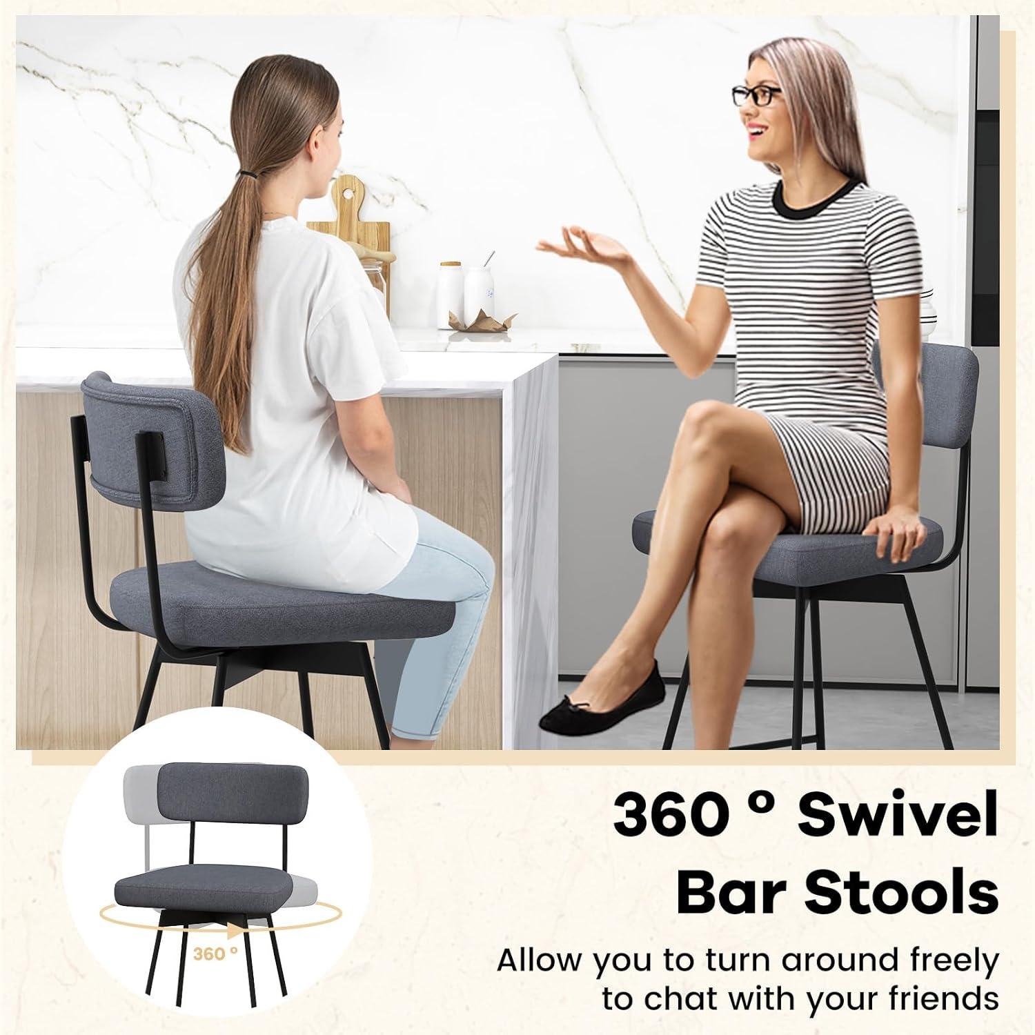 Kadyn Bar Stools, Barstools, Counter Stools, Island Stools, Bar Chairs,25 Inch 2-Piece Modern Upholstered Bar Stools with Back and Footrests-Gray