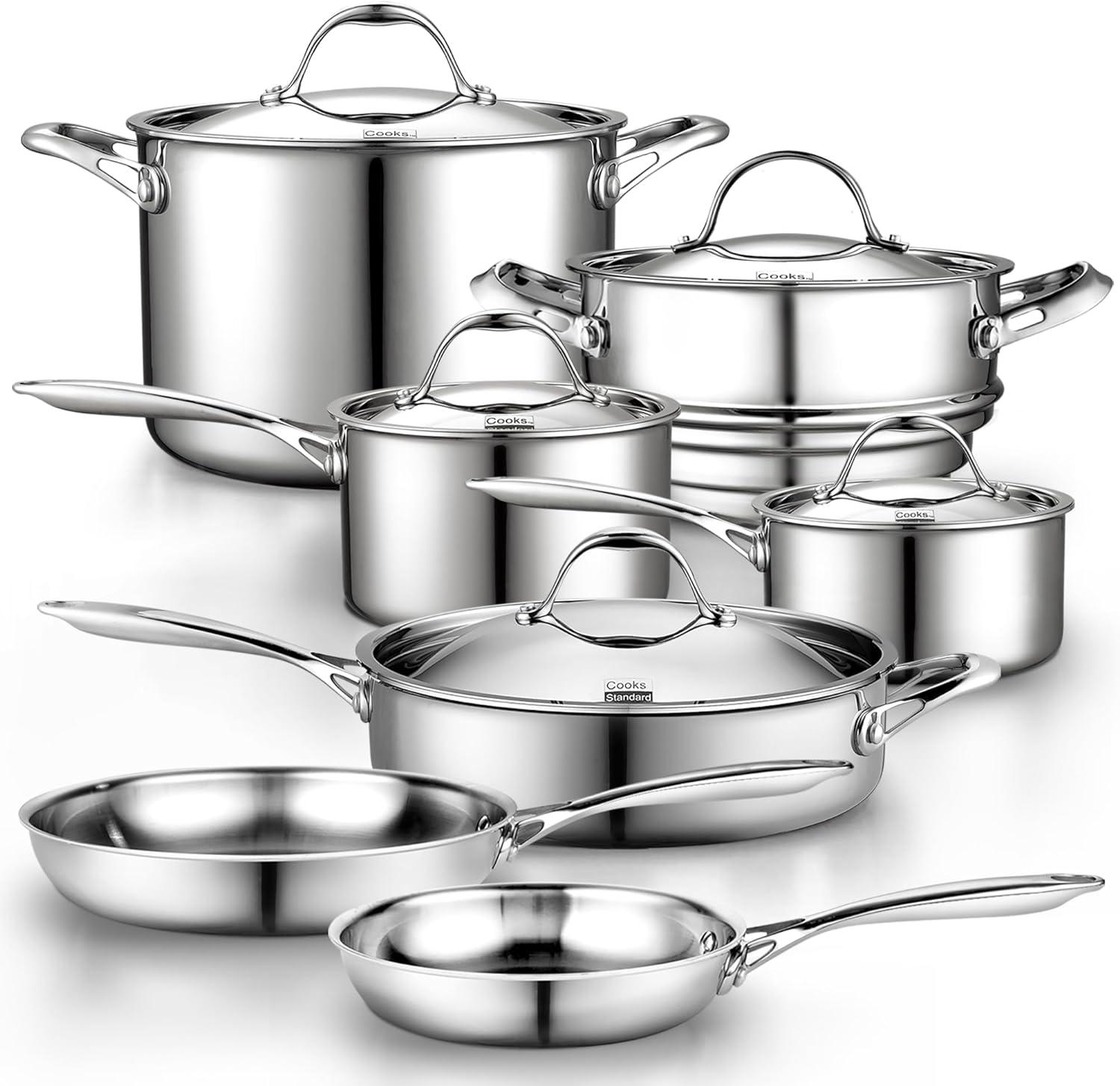 12-Piece Stainless Steel Tri-Ply Cookware Set with Glass Lids