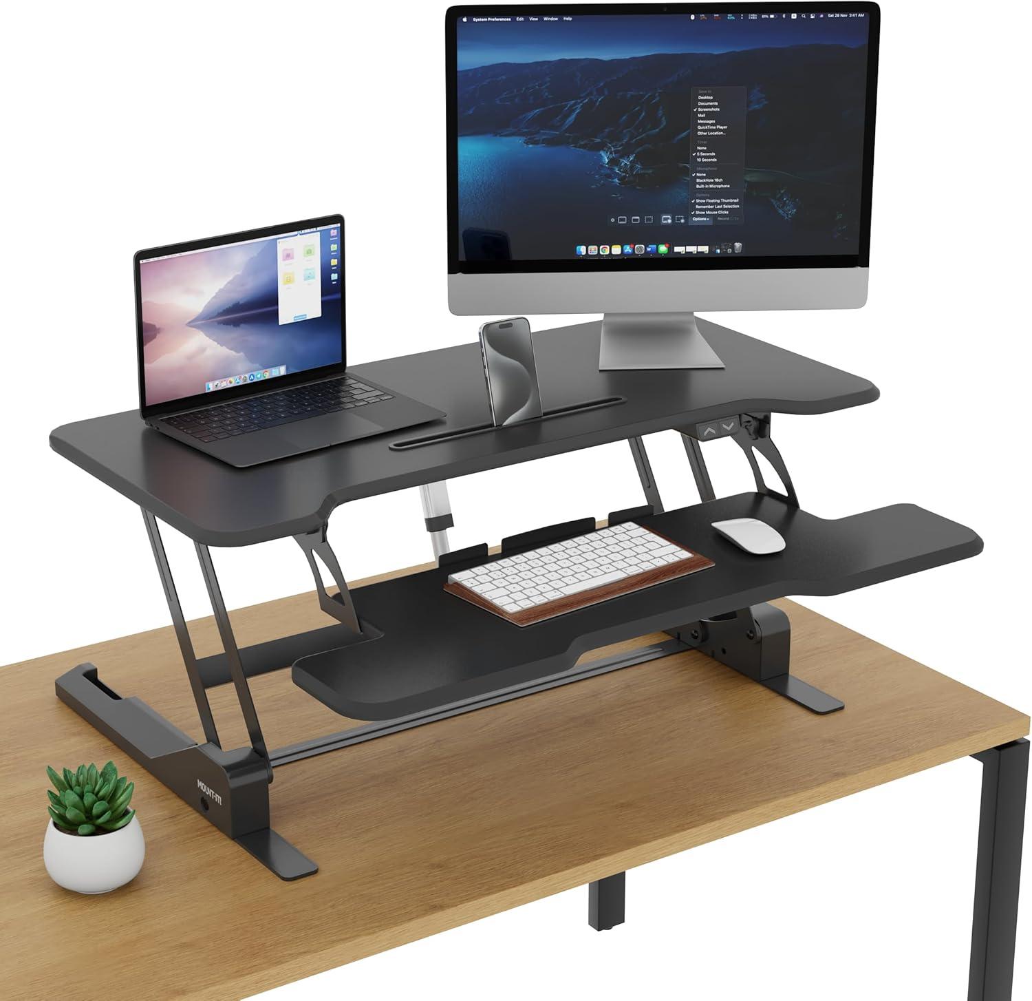 Mount-It! Electric Adjustable Stand Up Desk Converter | 38 in. Wide Tabletop Motorized Standing Desk Riser w/ Keyboard Tray Fits Monitors | Black