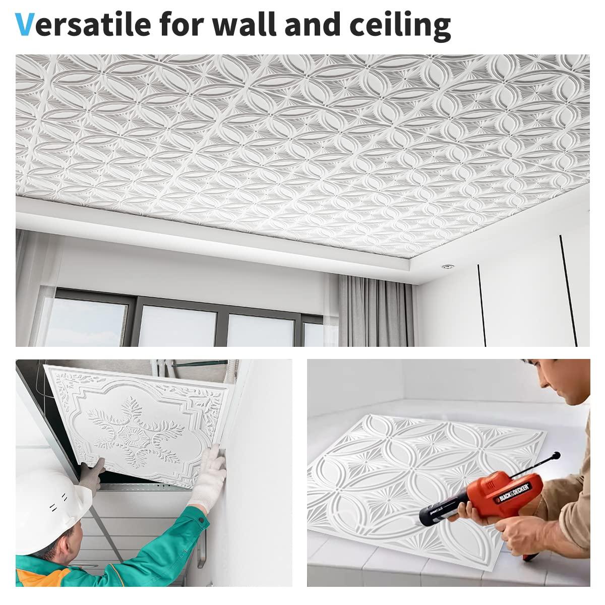 Art3d 12-Pack Glue-up or Lay in Ceiling Tile, 2ft x 2ft PVC Ceiling Tiles 3D Fancy Classic Style in White