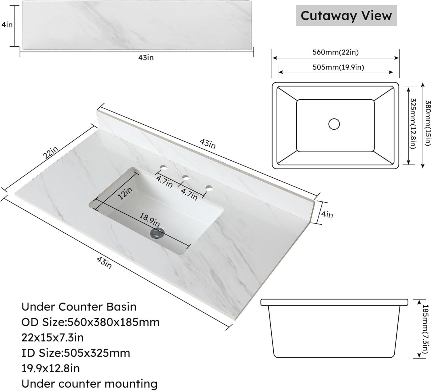 43 Inch Bathroom Vanity Top, Elegant White Sintered Stone Vanity Top with Rectangle Undermount Ceramic Sink and Top Backsplash, 43" Vanity Sink Top - 3 Holes, No Cabinet