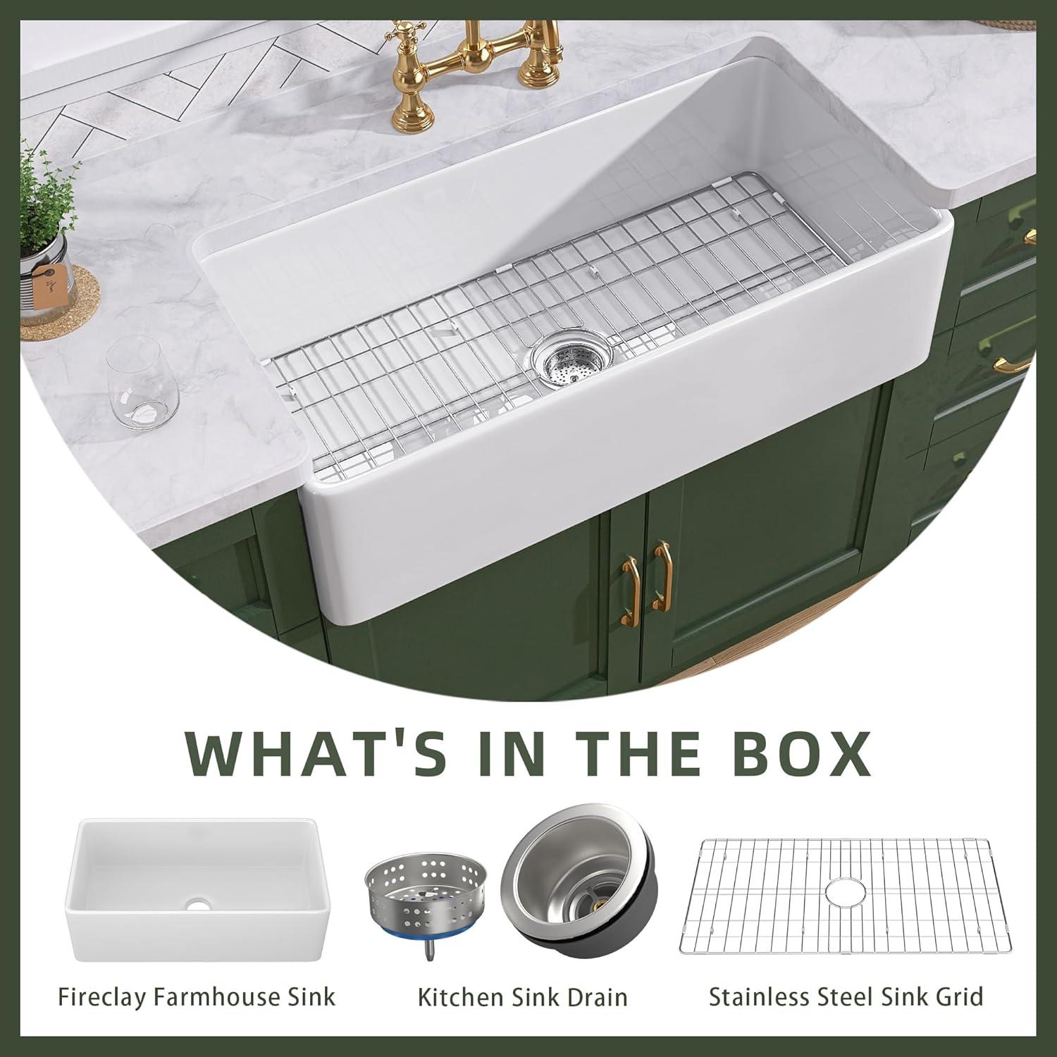 Single Bowl Fireclay Farmhouse Kitchen Sink with Sink Grid and Basket Strainer