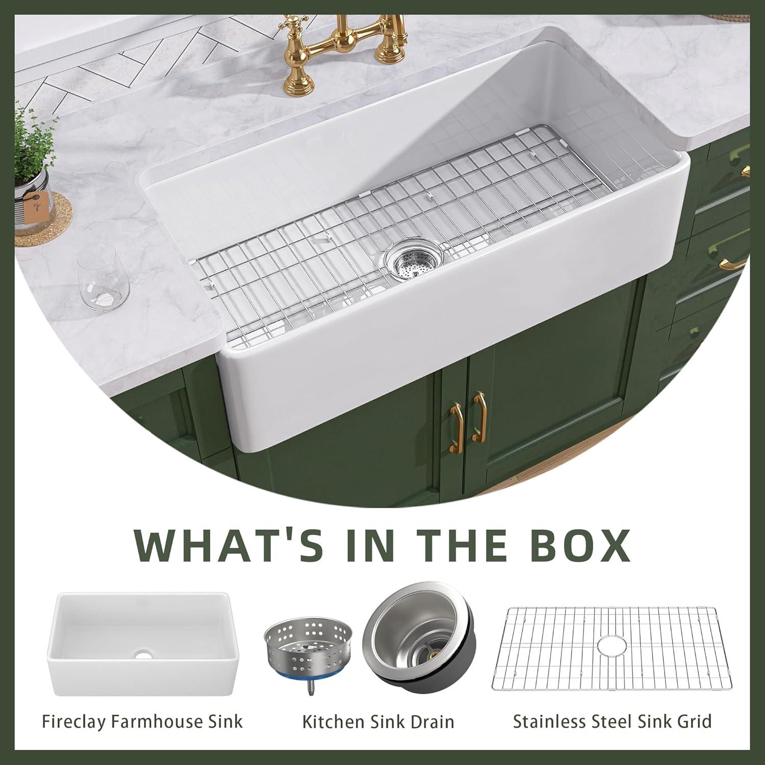 TUKTUK White Farmhouse Sink 36 inch Fireclay Farm Sink Apron Front Single Bowl Kitchen Sinks Deep Large Capacity Porcelain Ceramic Sink Undermount Luxury Bottom Grid & Strainer Drain Included