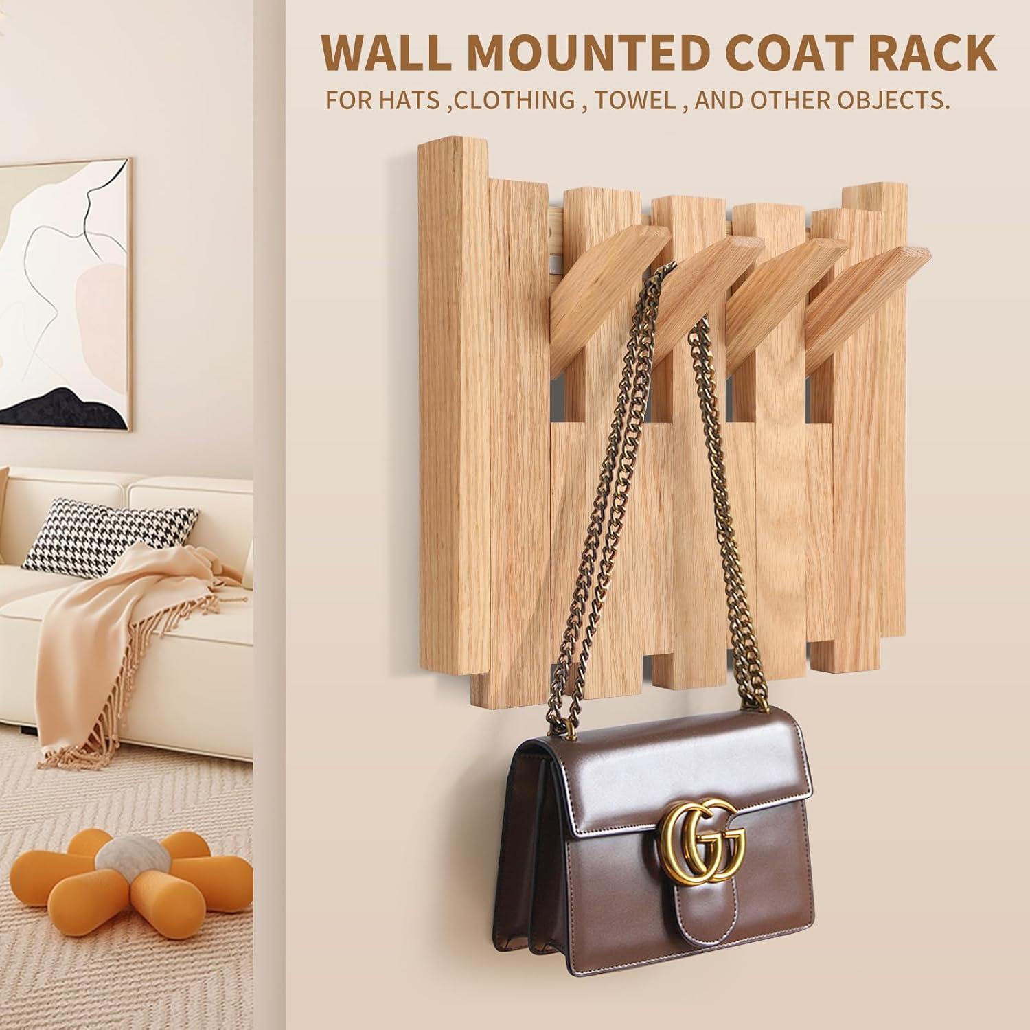 Natural Wood Wall Mounted Piano Coat Rack - 8 Flip Down Hooks, Solid Wood Entryway Wall Art Hook Rack, Space-Saving Wall Mount Design for Coats and Accessories