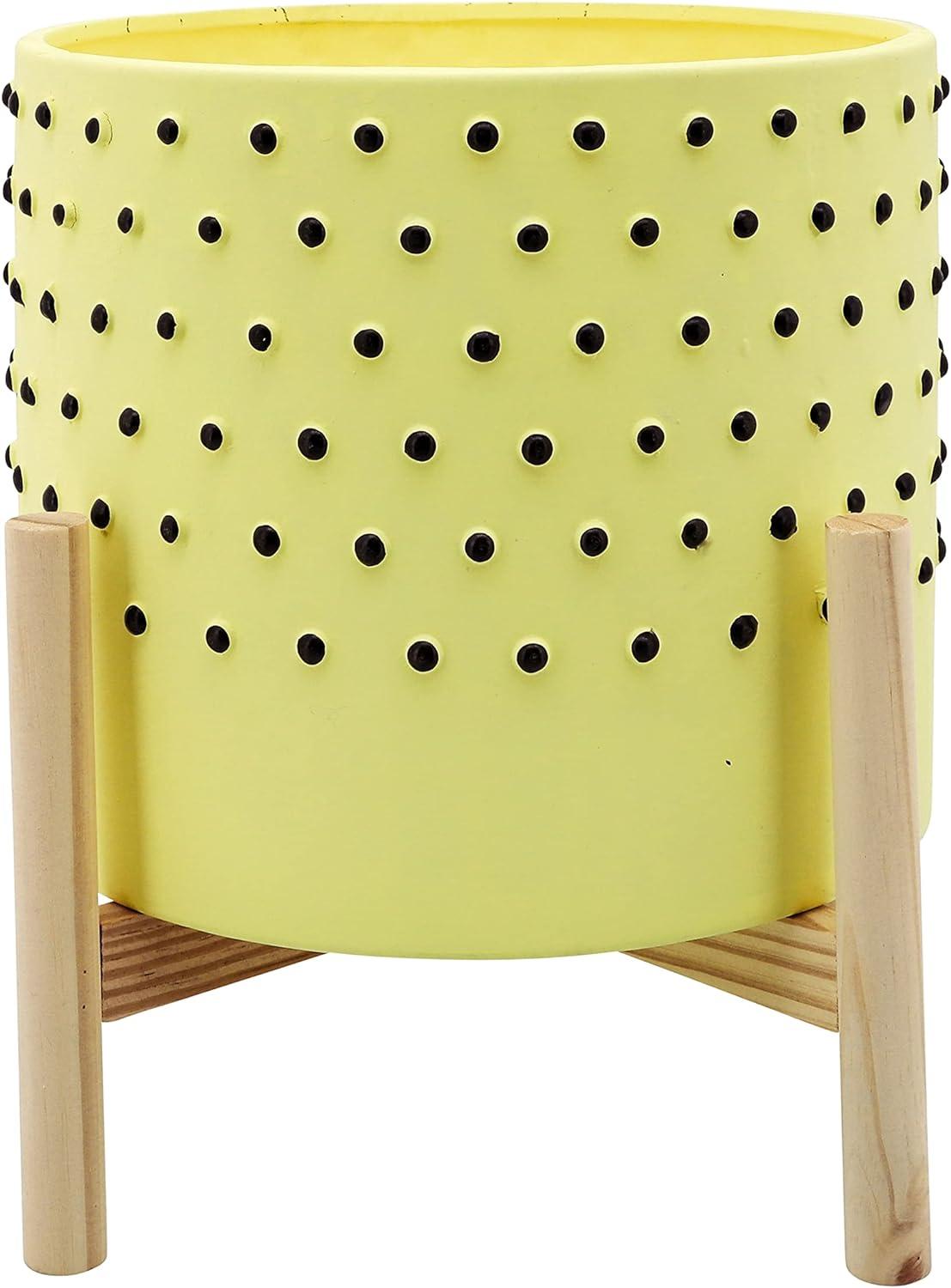 Contemporary Yellow and Black 10" Ceramic Planter on Wooden Stand