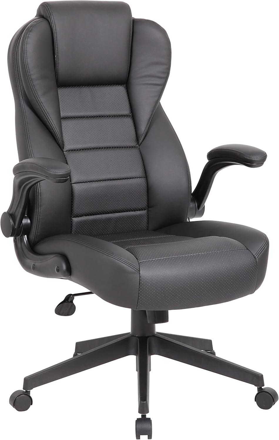 Executive High Back Leatherplus Flip Armchair Black - Boss Office Products: Ergonomic, Swivel, Lumbar Support, Adjustable Height