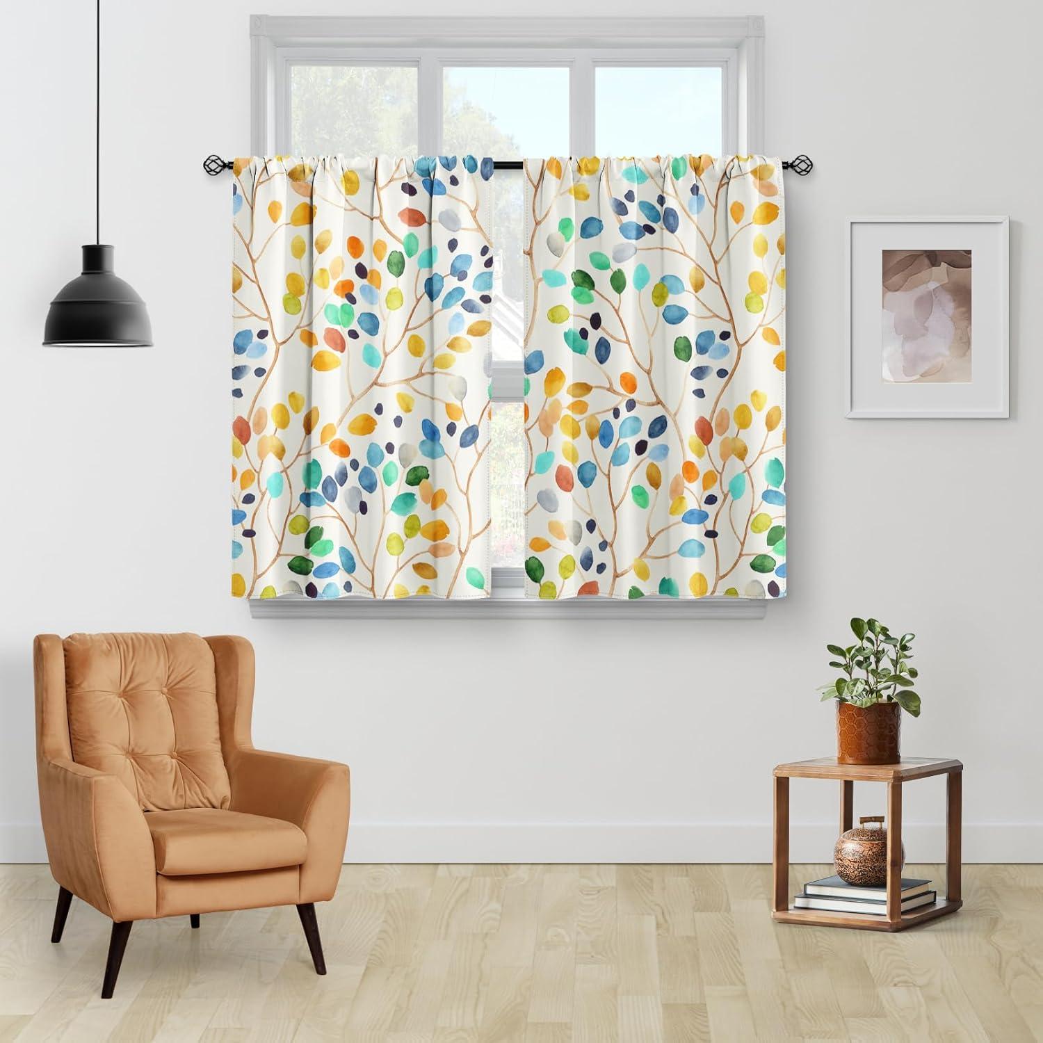 Aimego Colorful Leaves Kitchen Curtains - Floral Spring Botanical Tier Cafe Curtains Farmhouse Country Small Window for Bathroom Living RV Rod Pocket Window Drapes 36 Inch 2 Panels Set 28 "x36