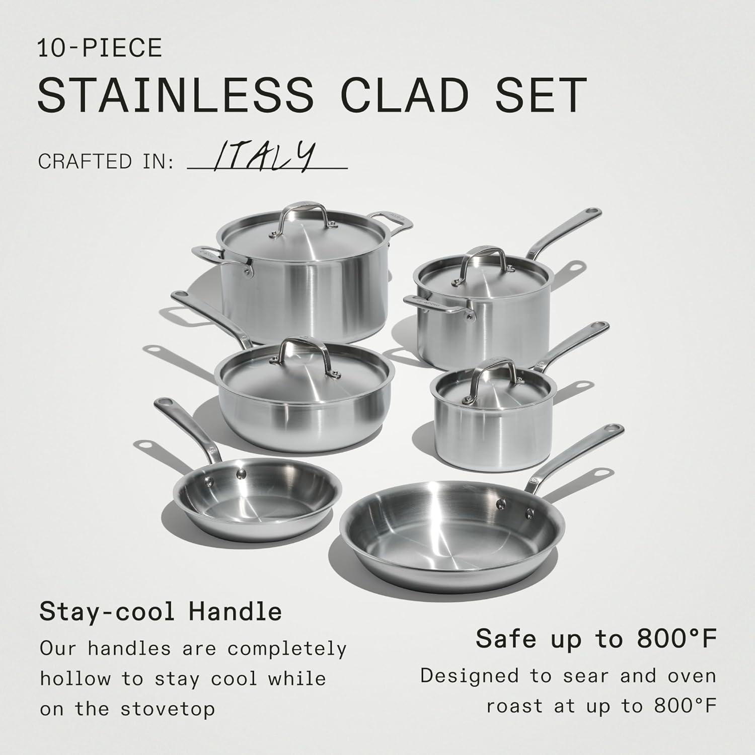 Made In Cookware - 10 Pc Stainless Steel Pot Pan Set - 5 Ply Clad