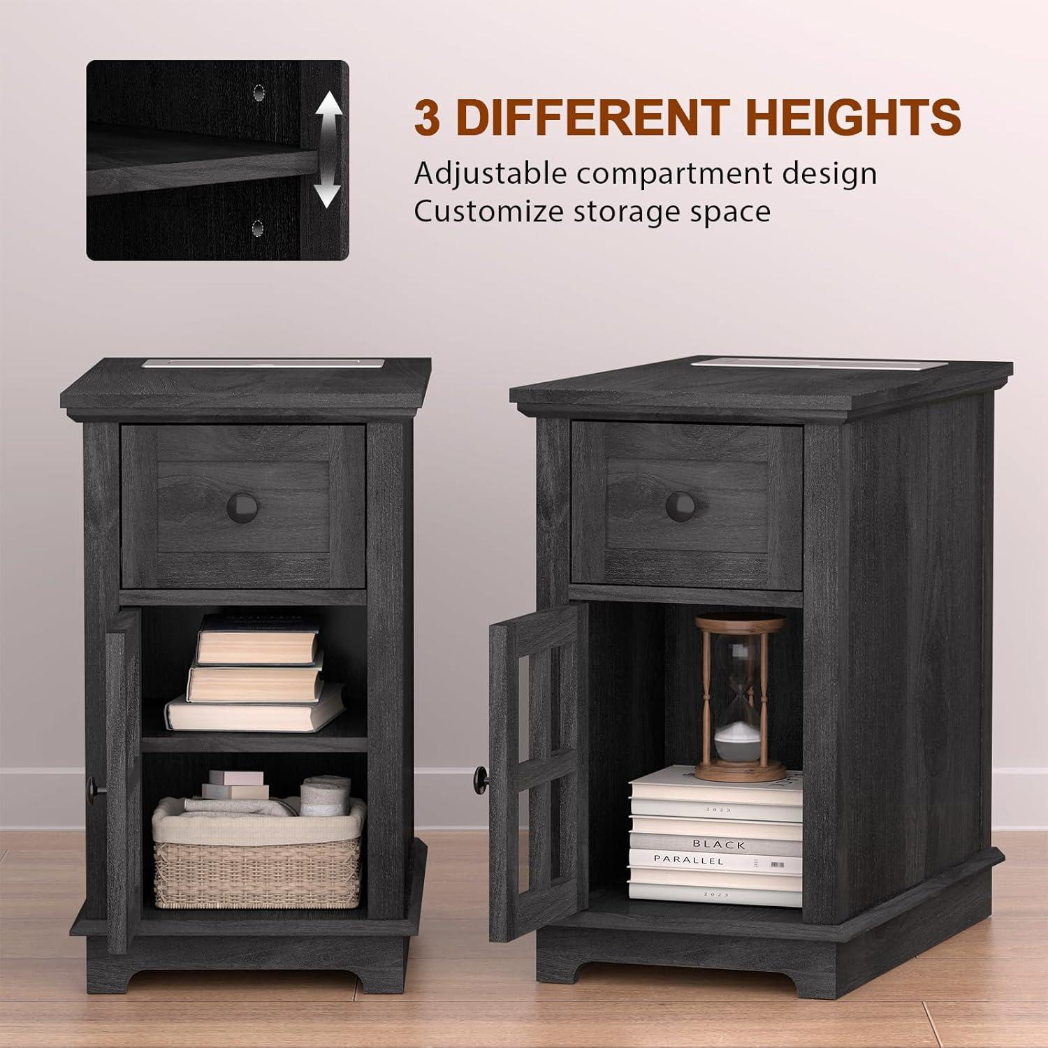 FAGAGA End Tables for Living Room with Charging Station, Wooden Nightstand for Bedroom with Storage Detachable Holder | Blackgrey